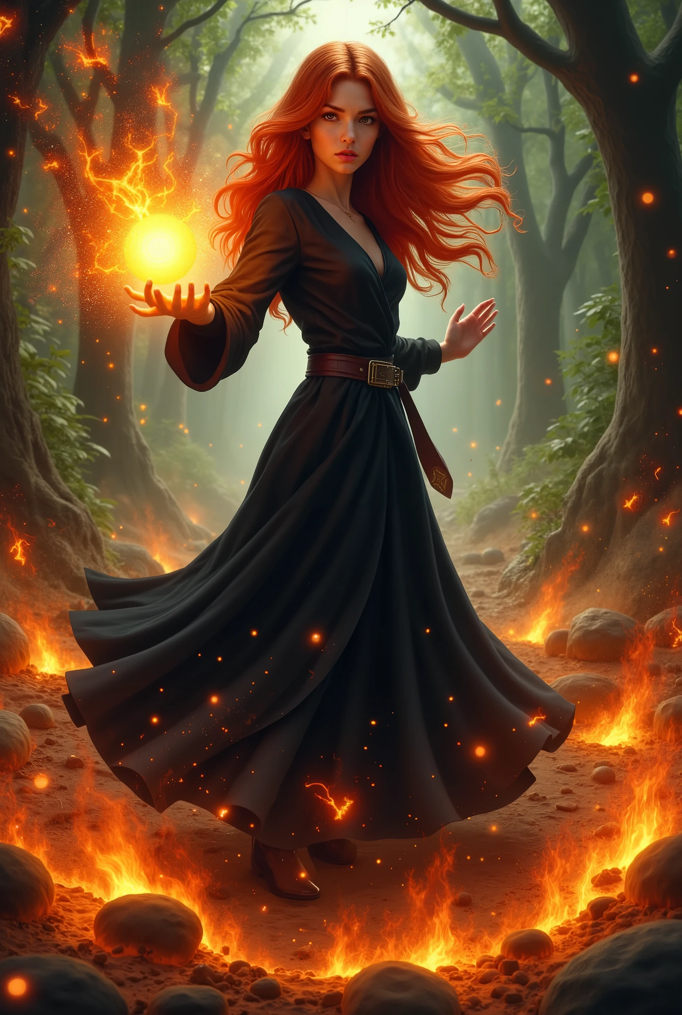 young red-haired young a -yeld wo in a black dress holds a glowing fireball, злая огненная witch в лесу, casting fire spell , witch, throwing a fireball, casting a fire spell , witch tale , FEMALE MAGICIAN MAGIC SPELL , , casting a flame spell , she has fire power, Witch Burning, casting a powerful spell , fire spell , casting a protective spell , photorealistic , young fire witch ,the aura of fire ( shines with fire ), fiery eyes ,(( defends herself from knights , in full height))