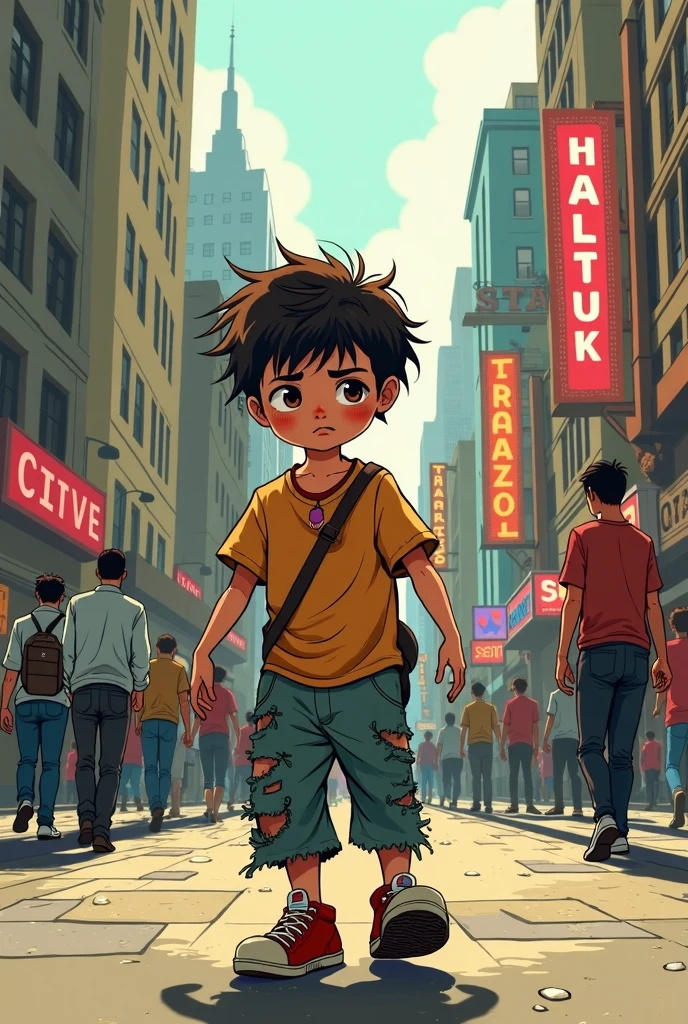 Poor boy in broken shoes walking through the streets in comic style ...