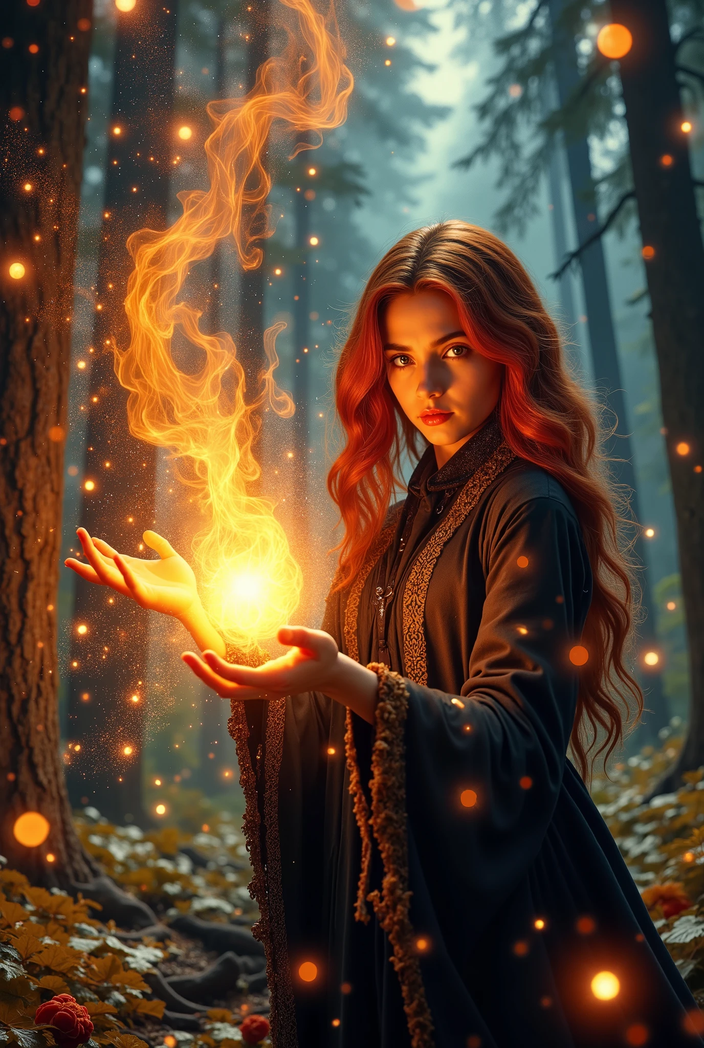  young red-haired young a -yeld wo in a black dress holds a glowing fireball, злая огненная witch в лесу, casting  fire spell , witch, throwing a fireball, casting a  fire spell , witch tale ,  FEMALE MAGICIAN MAGIC SPELL , ,  casting a flame spell  , she has fire power, Witch Burning,  casting a powerful spell ,  fire spell ,  casting a protective spell , photorealistic  , young fire witch ,the aura of fire ( shines with fire ), fiery eyes ,(( defends herself from knights  , in full height))flame magician