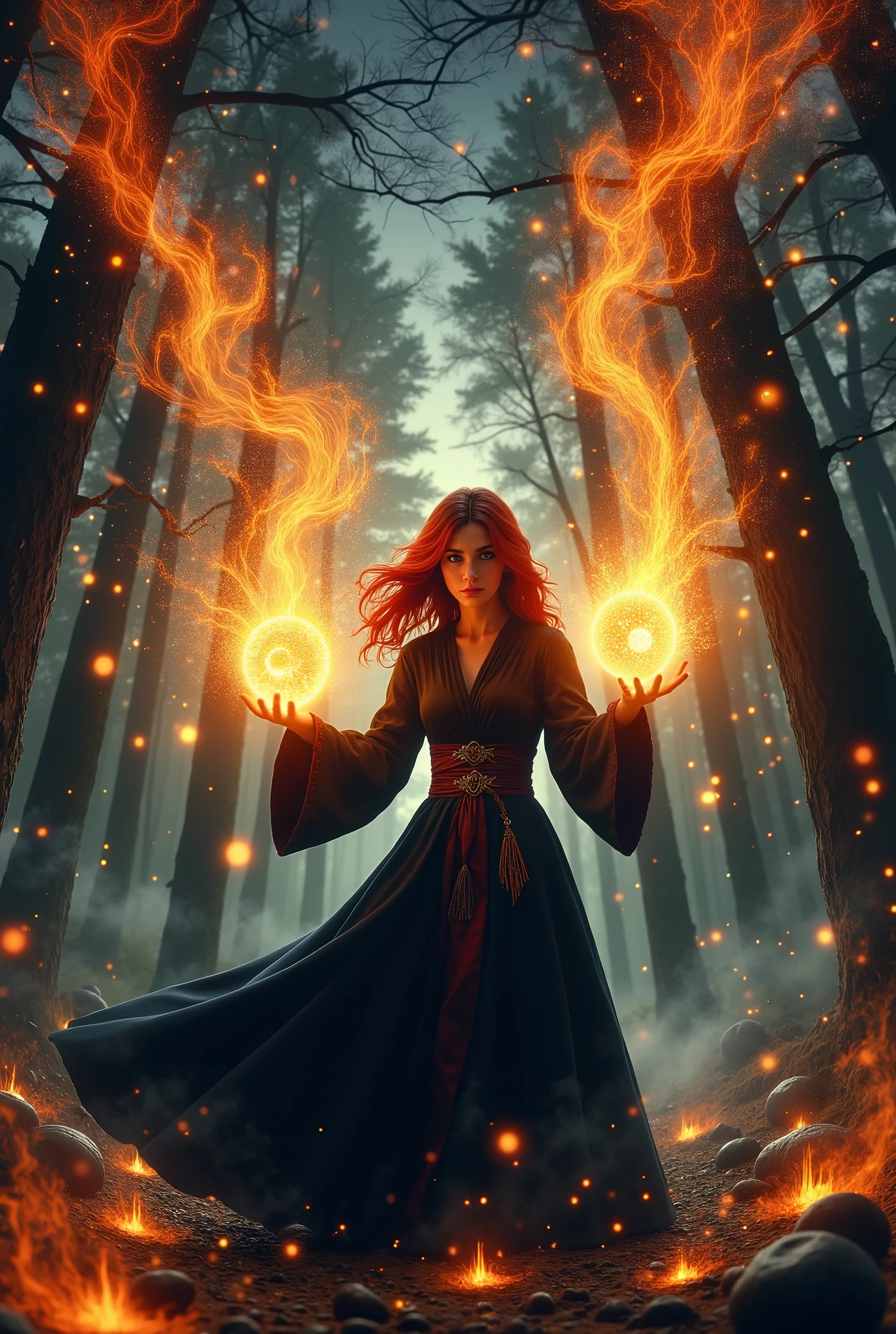  young red-haired young a -yeld wo in a black dress holds a glowing fireball, злая огненная witch в лесу, casting  fire spell , witch, throwing a fireball, casting a  fire spell , witch tale ,  FEMALE MAGICIAN MAGIC SPELL , ,  casting a flame spell  , she has fire power, Witch Burning,  casting a powerful spell ,  fire spell ,  casting a protective spell , photorealistic  , young fire witch ,the aura of fire ( shines with fire ), fiery eyes ,(( defends herself from knights  , in full height))flame magician
