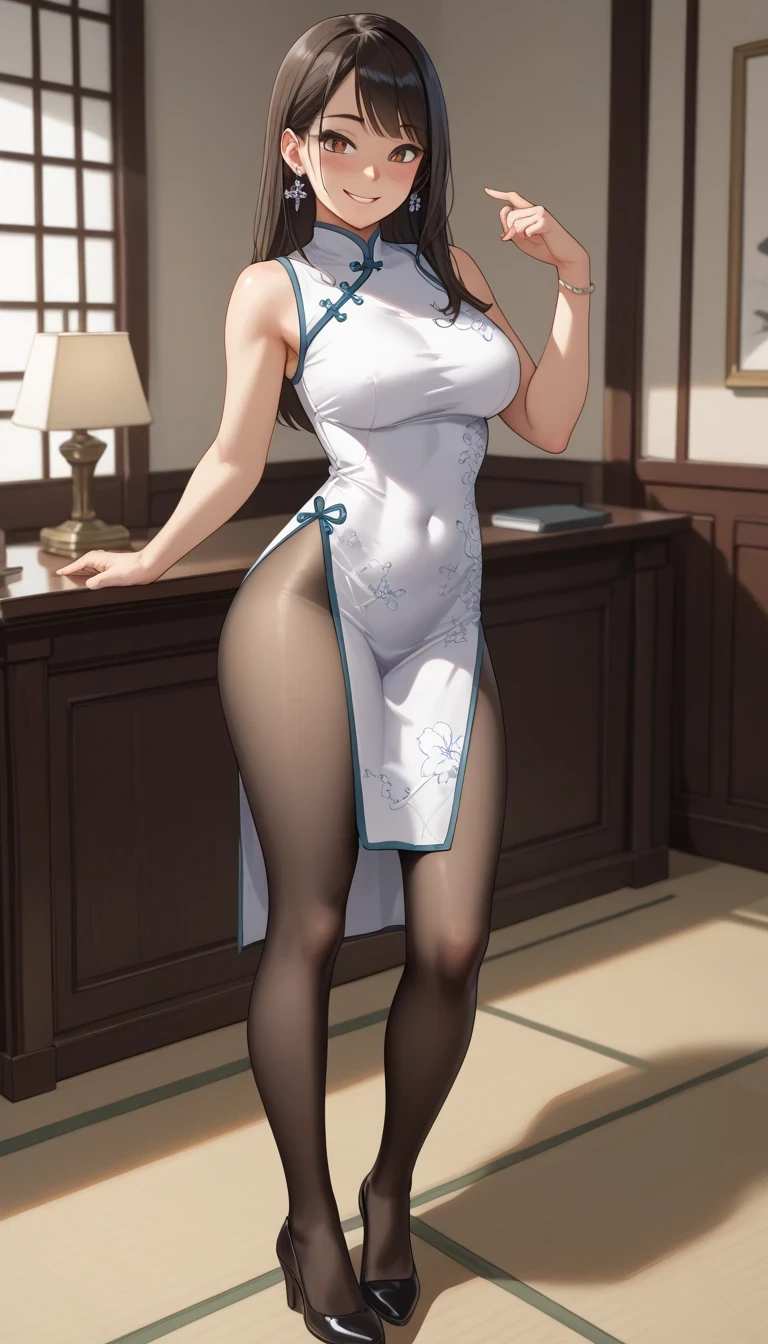  score_9,  score_8_up,  score_7_up,  source_  anime、 top quality、8k、 masterpiece、 super high resolution、 professional lighting、 natural light、 perfect anatomy、 one woman、saggy breasts:1.5、 dark hair、Okuzumi Yuiko、 cute face、smile、 blushes、( tight china dress、 slit)、 pantyhose、 Standing Sexy Pose、 full body shot