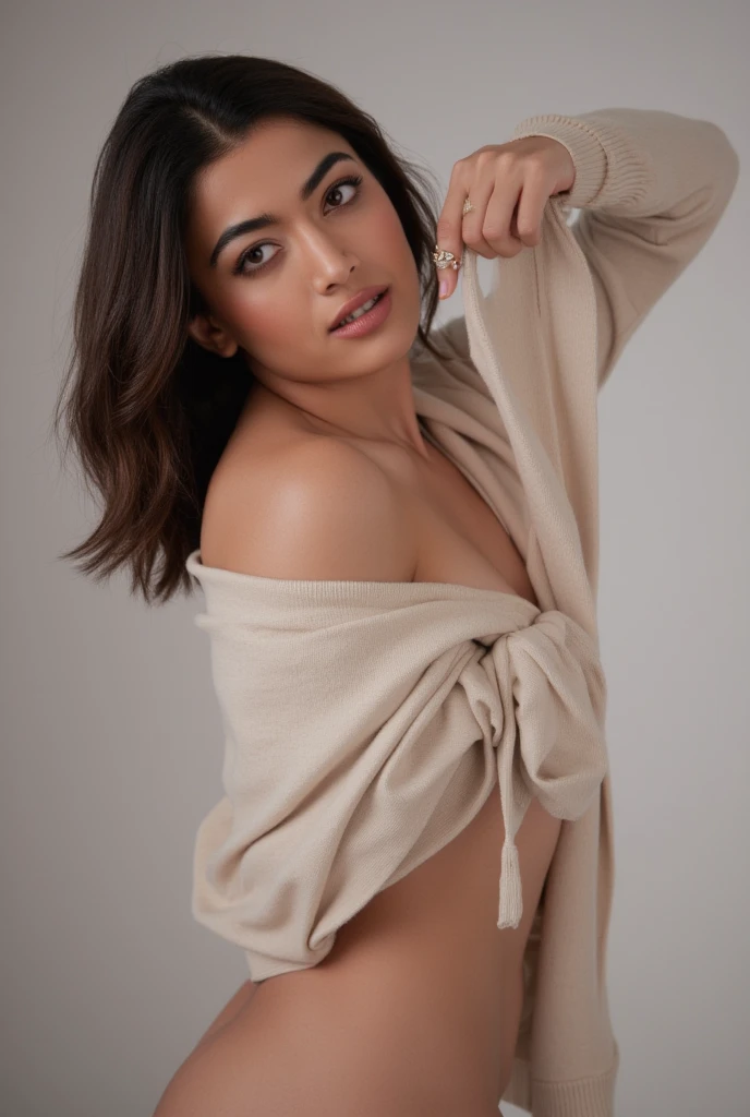 RAW photo,candid photograph, full body,photo of a beautiful,modern,25yo Arab woman,black hijab, detailed skin, naked, looking at viewer, chubby body structure,white background,no background, candid pose,blue light, film grain, kodak color, instagram LUT