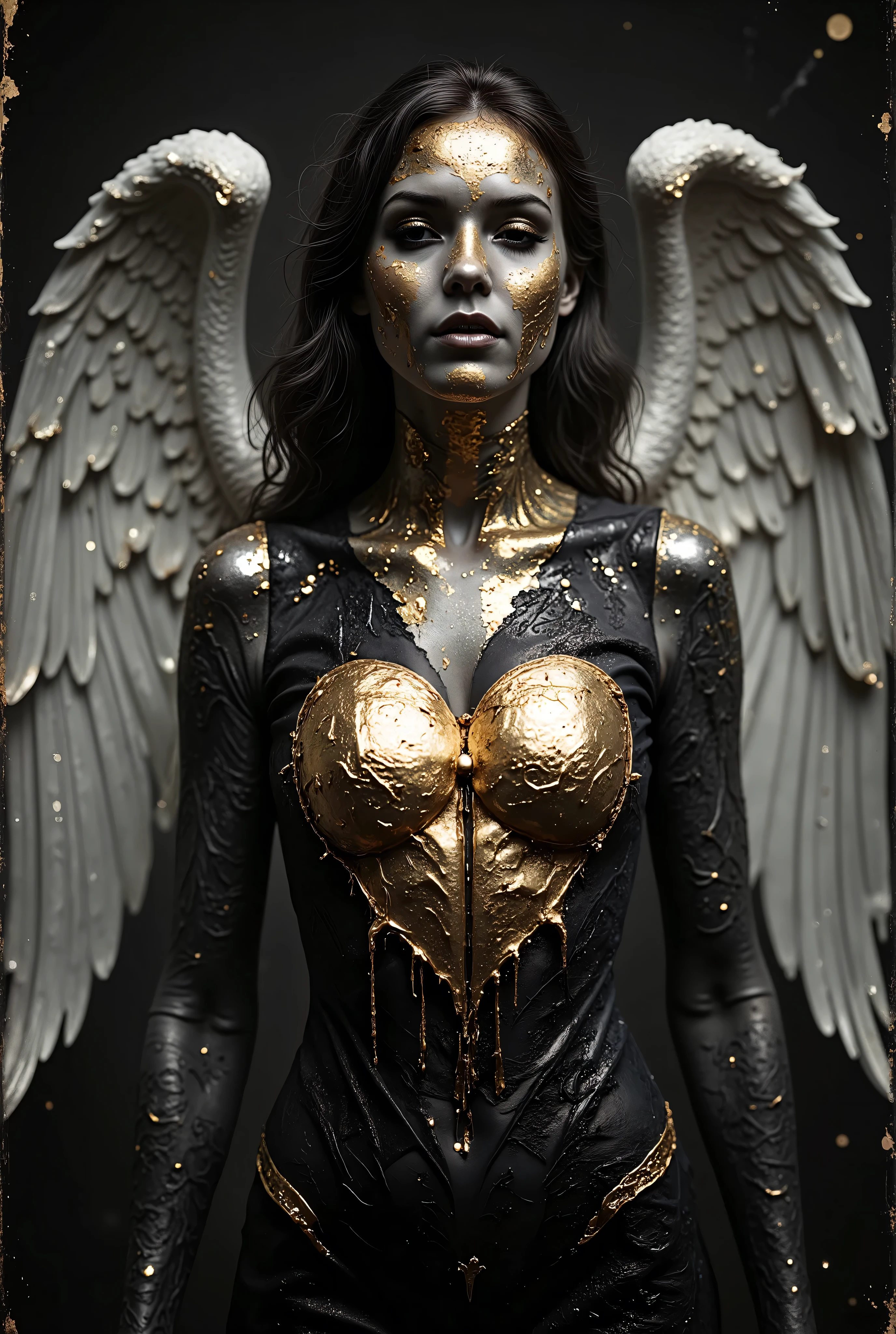 Darkness Falling, Great Famine, bleeding heart, silver and gold, black lace, golden eyes, vehemently passionate illustrated in a dark fantasy style, inspired by the haunting works of Gustave Doré. A sorrowful angel with golden eyes weeps as famine spreads beneath their wings, their bleeding heart dripping silver and gold, wrapped in flowing black lace. The color temperature is monochrome with splashes of gold, the expression is a mixture of pain and longing. The lighting is dramatic, casting deep shadows in a somber atmosphere. --v 5 --stylize 1000