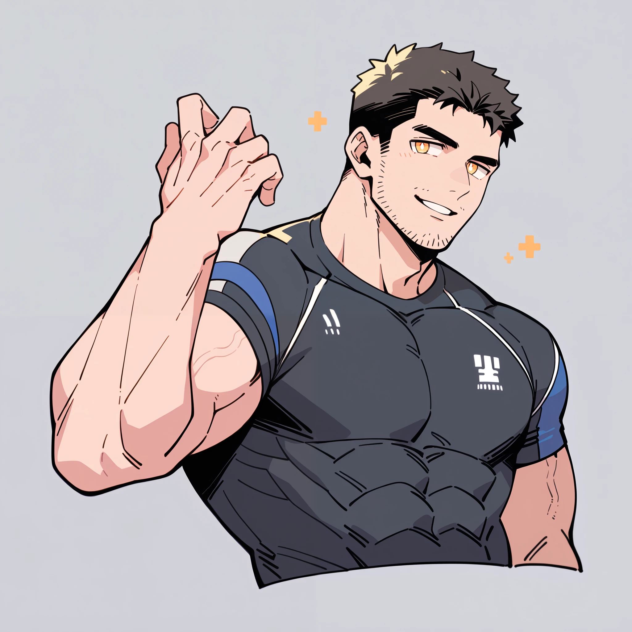 anime characters:Chris Redfield, Muscle Sports Student, Buzz Cut, Manliness, male focus, black short sleeve outfit, black clothes, black boots, cargo pants, only, full and perky chest muscles, The pectoral muscles are oversized, muscular male, muscular, only, Upper body, alone, Black short hair, Thick eyebrows, stubble, orange pupils, Grey background, simple background, amazing quality, best aesthetics, Ridiculous, parted lips, bright pupils, seductive smile, best quality