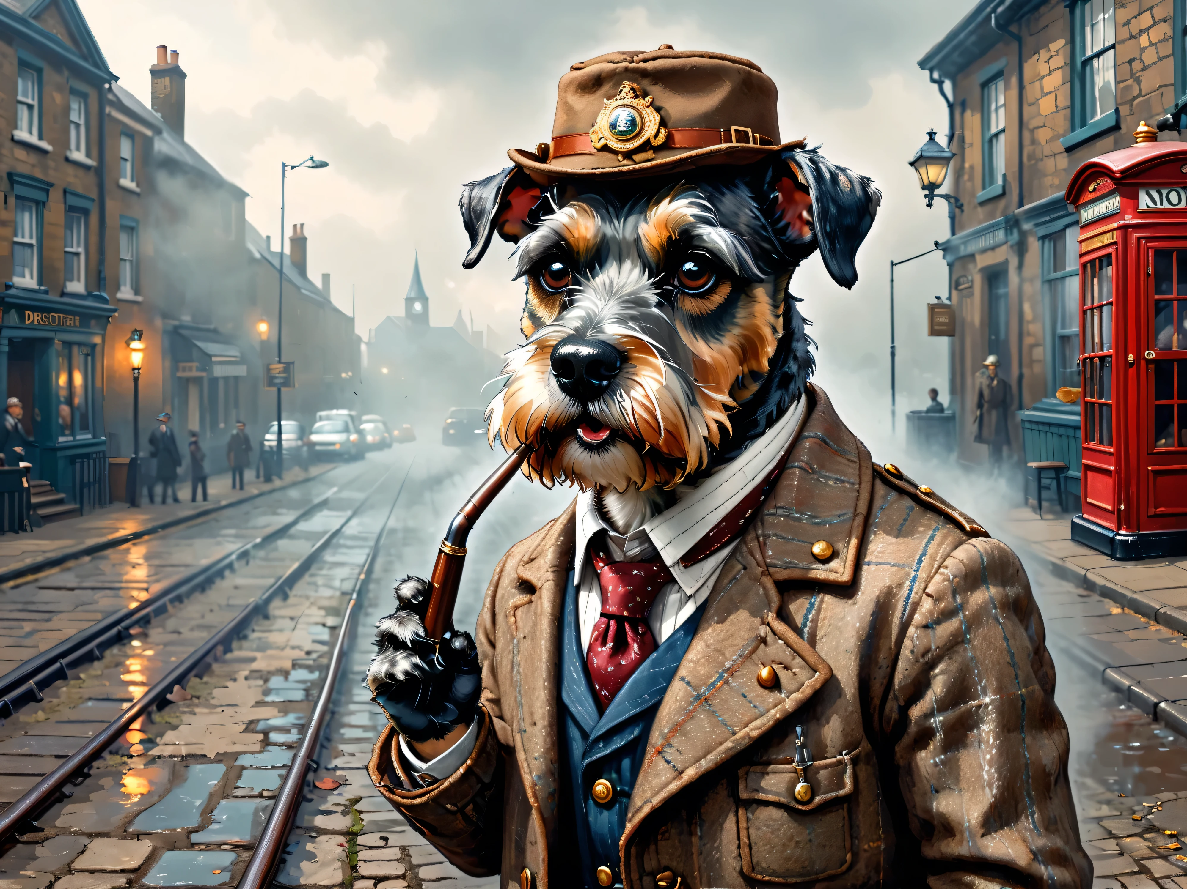 (masterpiece, highest quality, super detailed, 8K UHD, highly aesthetic, absurd), dynamic composition,
(anthropomorphic miniature schnauzer detective: 1.4),
(thick eyebrows: 1.3),
(salt and pepper fur texture: 1.2),
(tweed detective coat: 1.3),
(magnifying glass: 1.2),
(monocle: 1.3),
(pipe in mouth: 1.4)\smoke: 1.4,
(struggling to pull on lead: 1.3),
(look of determination: 1.2),
(resisting with four legs: 1.4),
(face crumpling collar: 1.5),
(squinting: 1.2),
(tongue sticking out to the side: 1.3),
(paw raised in protest: 1.3),
(London) cobblestone road: 1.4),
(uneven cobblestones: 1.3)[3],
(Victorian gas lamp: 1.2),
(red telephone booth: 1.2)[4],
(morning mist: 1.1),
(foggy atmosphere: 1.2),
(checked detective hat: 1.2)[2],
(leather leash with brass hardware: 1.3),
(carved bone name tag: 1.2),
(paw print tie: 1.1),
(tight leash: 1.3),
(stretched collar: 1.4),
(splattering drool: 1.2),
(loose cobblestones: 1.2)[3],
(windblown fur: 1.3)