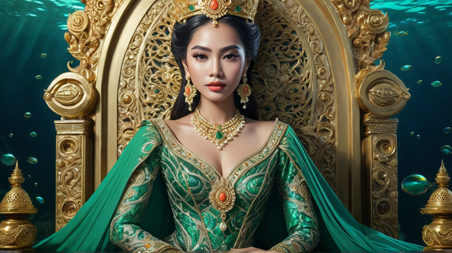 A very beautiful queen sitting on a black throne made of gold, with a serpent-dragon like elements and design, intricate details, dramatic lighting, hyperrealism, photorealistic, cinematic, 8k sharp focus, unreal engine 5 effects--niji 5, style expressive