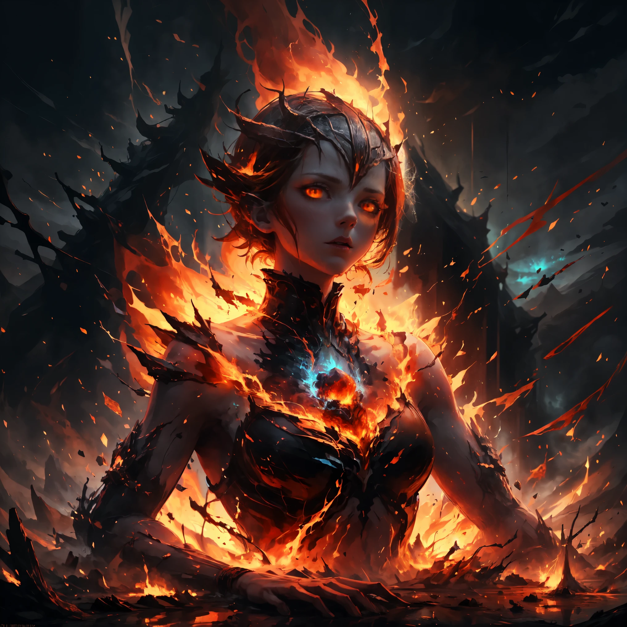 1girl, youthful female with a striking appearance, her head split into two distinct halves: one half composed of intense, flickering flames, radiating a fiery orange and red glow, with smoke curling around the edges; the other half made of transparent ice, revealing intricate blood vessels beneath the surface, the ice shimmering with a cool blue hue. Her facial expression is a mix of intense determination and controlled power, her eyes glowing with a mystical light. She wears a flowing, asymmetrical gown that combines fiery red and icy blue fabrics, the dress adorned with intricate patterns resembling flames and frost. The background is a surreal landscape, blending scorching volcanic terrain with vast icy plains, creating a stark contrast between the two elements. The lighting is dynamic, with the fire casting warm, flickering shadows and the ice reflecting a cold, crystalline glow. The composition is centered on her head, with a close-up perspective that emphasizes the duality of her nature. The atmosphere is intense and otherworldly, evoking a sense of mystical power and balance between opposing forces. The style is a mix of fantasy and surrealism, with detailed textures and vivid colors.