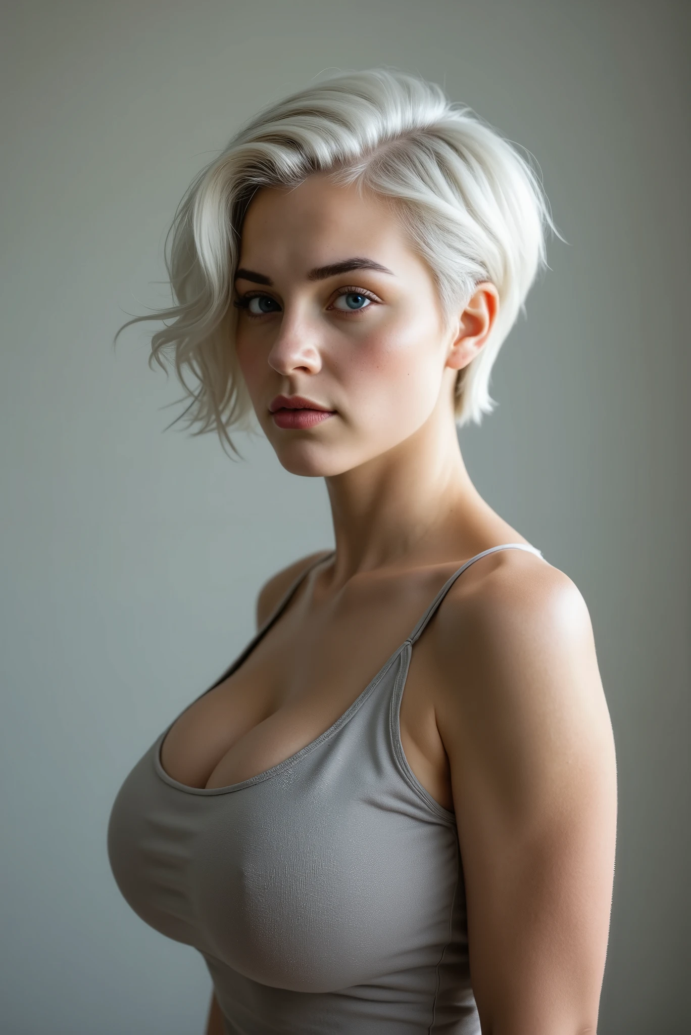 Do the full body Sydney Sweeney, side view, profile view, looking at camera, cowboy shot, tank top, she has short white hair