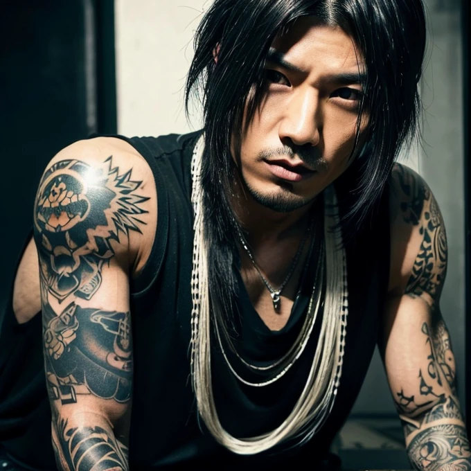 1 man, Japanese man, male, Asian eyes, muscular, broad shoulders, yakuza tattoos, hairstyle Visual Kei style, hair Visual Kei, black men's shirt and black pants, ultra detailed face, hyperrealistic, realistic representation, long hair, long hair, 30 years old, age 30 years, blonde hair, full body view