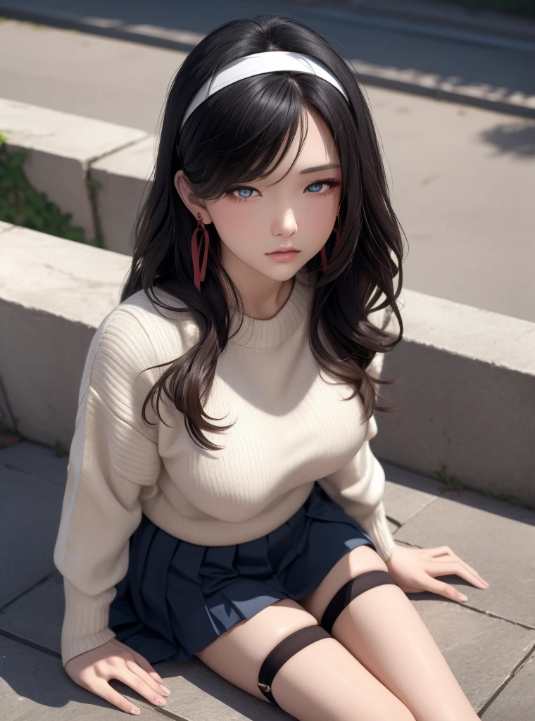 a woman in a casual clothing, ((white long sleeve T-shirt and circle skirt)) ,converse shoes, 17 years old, adult face, shoulder length slightly wavy hair, ((dark chocolate hair hair )) and gleaming detailed vibrant grey eyes, slim frame, medium breasts, long legs, beautiful face, medium butt size, small feet size, small hand size, perfect hands, scary face, beautiful face, pretty face, hot woman, British woman, cream skin, small soft pink lips , small to medium breast size, sharp features, slim hourglass figure, ashen hair, soft features, porcelain skin, blush