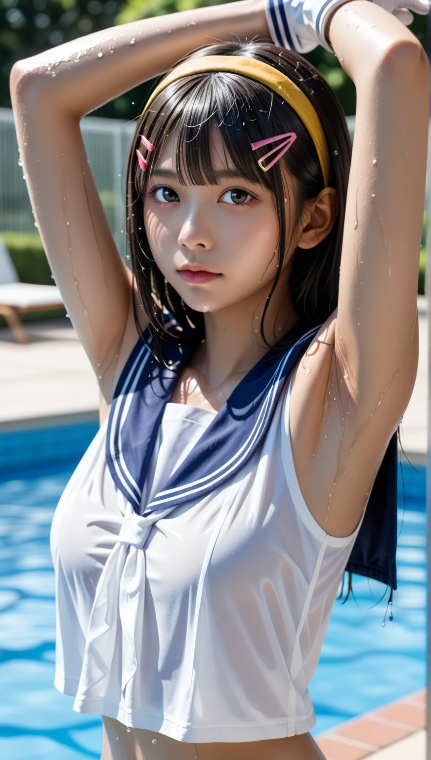 (best quality:1.2), masterpiece, Realistic, Ultra-high resolution, ((a beautiful Japanese idol woman:1.2)), (Gaunt:1.3), (((Very flat chest:1.4))), ((Baby Face)), ((upper body)), (nup, cheerleader:1.2), (show me your armpit:1.2), (sweaty armpit:1.3), ((Armpits are wet and shiny with sweat)), She has skin that sweats easily Soaking wet, Sweaty, I can see my pores solo, smile, standing, looking at viewer,