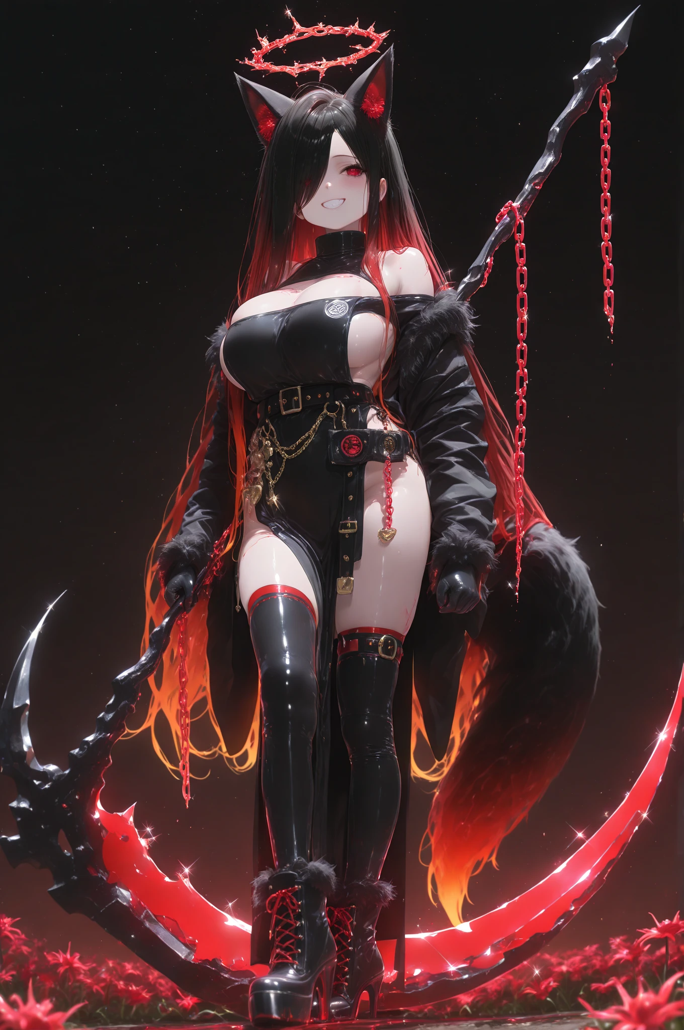 Sensual anthropomorphic female fox, striking look perverse red eyes, gigantic breasts and hips, wearing a black leather dominatrix dress with chain cuts and a whip, ultra sensual, sensual pose, black platform heels, 