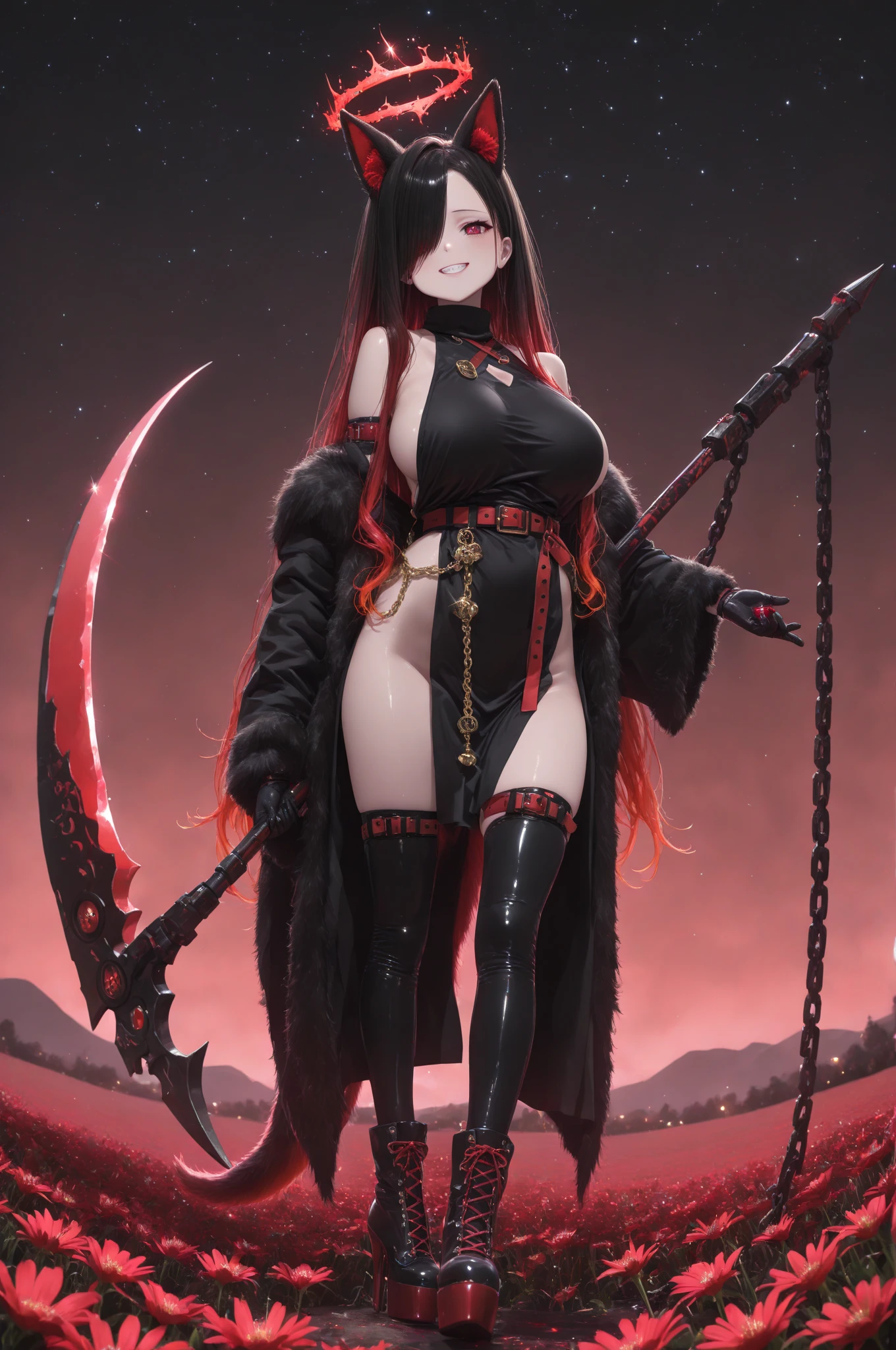 masterpiece, best quality, In winter, night, 4 But, girl, very long hair, There is blood on the face, big breasts, Gothic_Changeta, Change, Sadomasochism, wall, Zombified，Zombie Change and tentacles fuse，Zombie Queen，Black tentacles，Tentacles and legs，hot pants，looking down，
