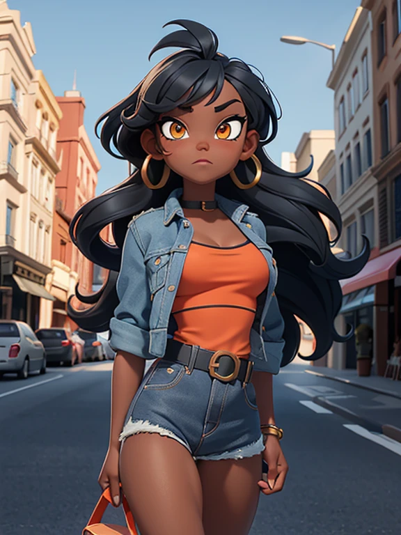 masterpiece, best quality, solo, 1girl, nessacasual, dark skin, makeup, smile, looking at viewer, standing, opened blue jacket, black tank-top, ((midriff)), denim short-shorts, hoop earrings, outdoors, city street
