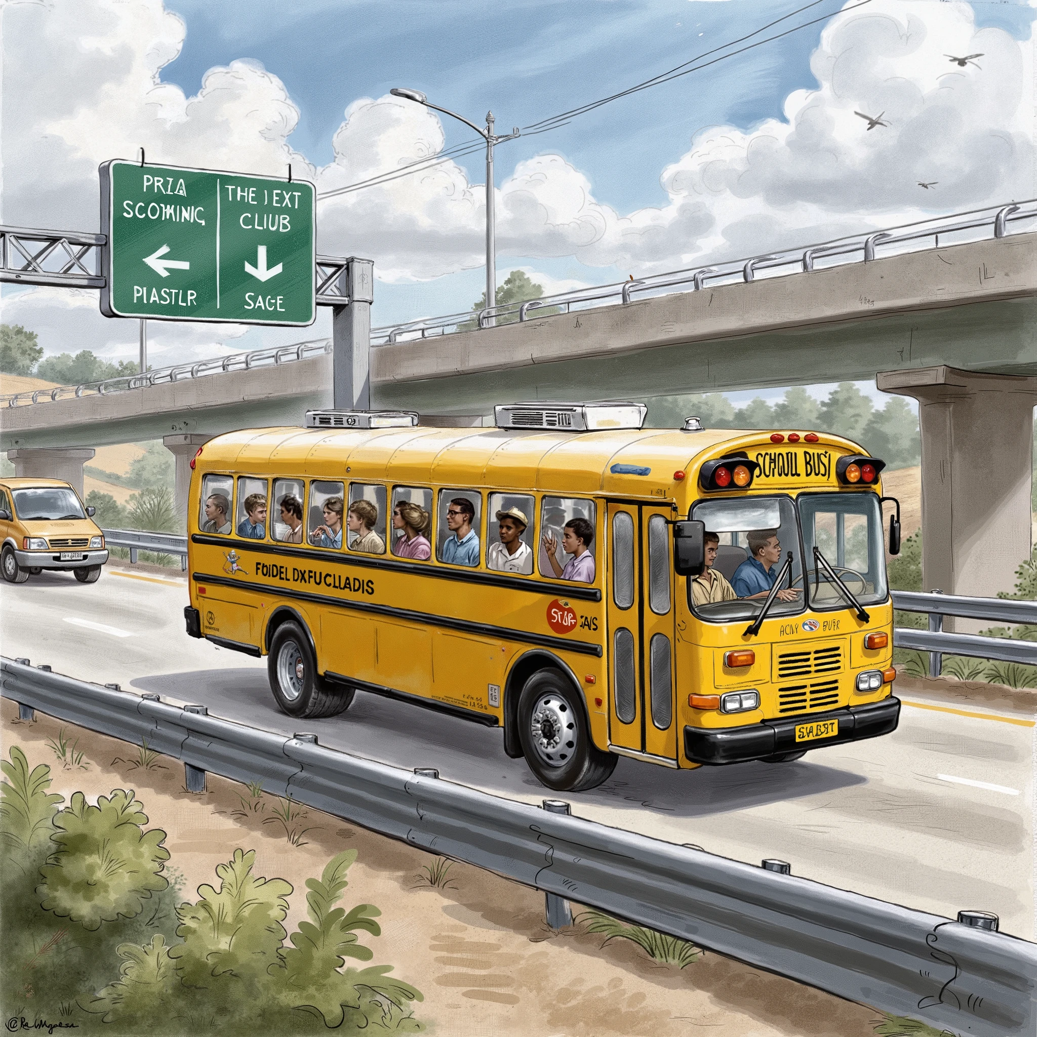 Pupils in school bus traveling on the highway, yellow school bus, africans, modern school bus, all pupils are seadted, student are not too conspicuous in the bus
