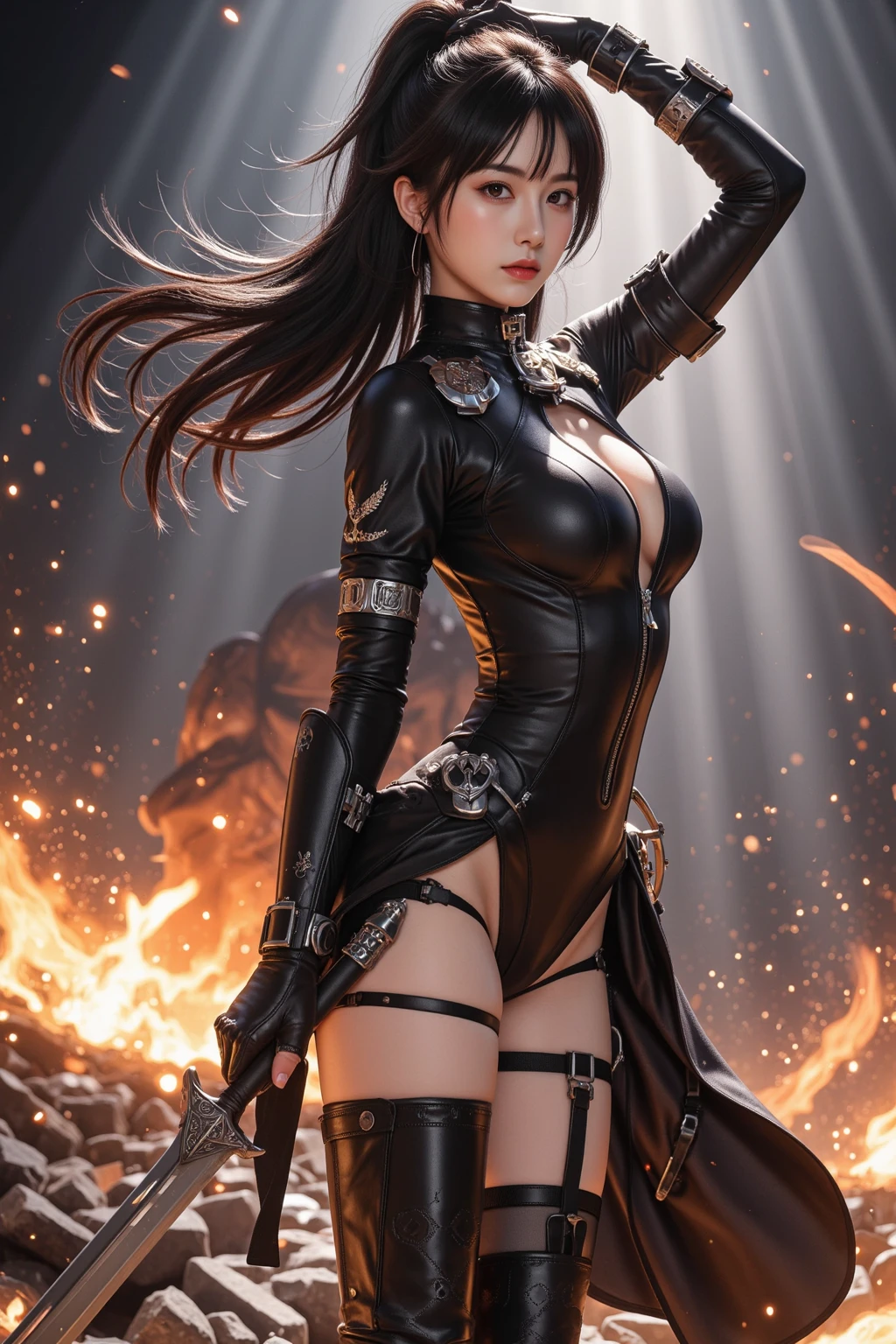 1girll, red pupils,Red long-haired,crisp breasts,Convex buttocks,Bare legged,black heels,White bandeau dress decorated with gold patterns,He wears a black trench coat,There is a red laser sword in his hand,starrysky,kosmos,Detailed background,Clothing details,perfectly proportioned, Cinematic lighting, filmgrain, Fuji colors, lightand shade contrast, 8K, 巨作, Textured skin, Super detail, high detal, high qulity, A high resolution,