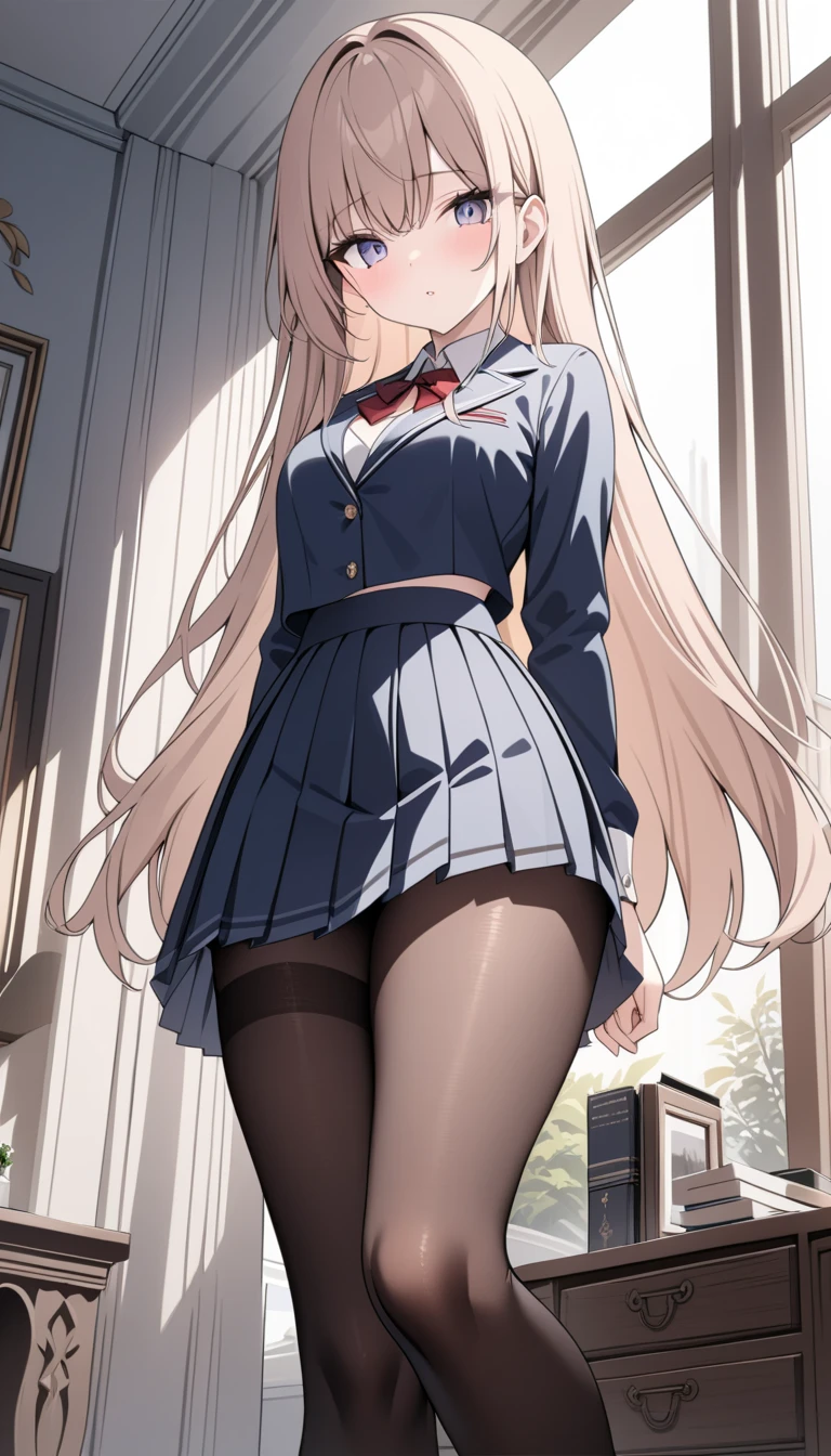 slim legs, happy, cleavage, short skirt, navel, blue eyes, school uniform, thigh high socks, stand, library , blonde hair, long hair