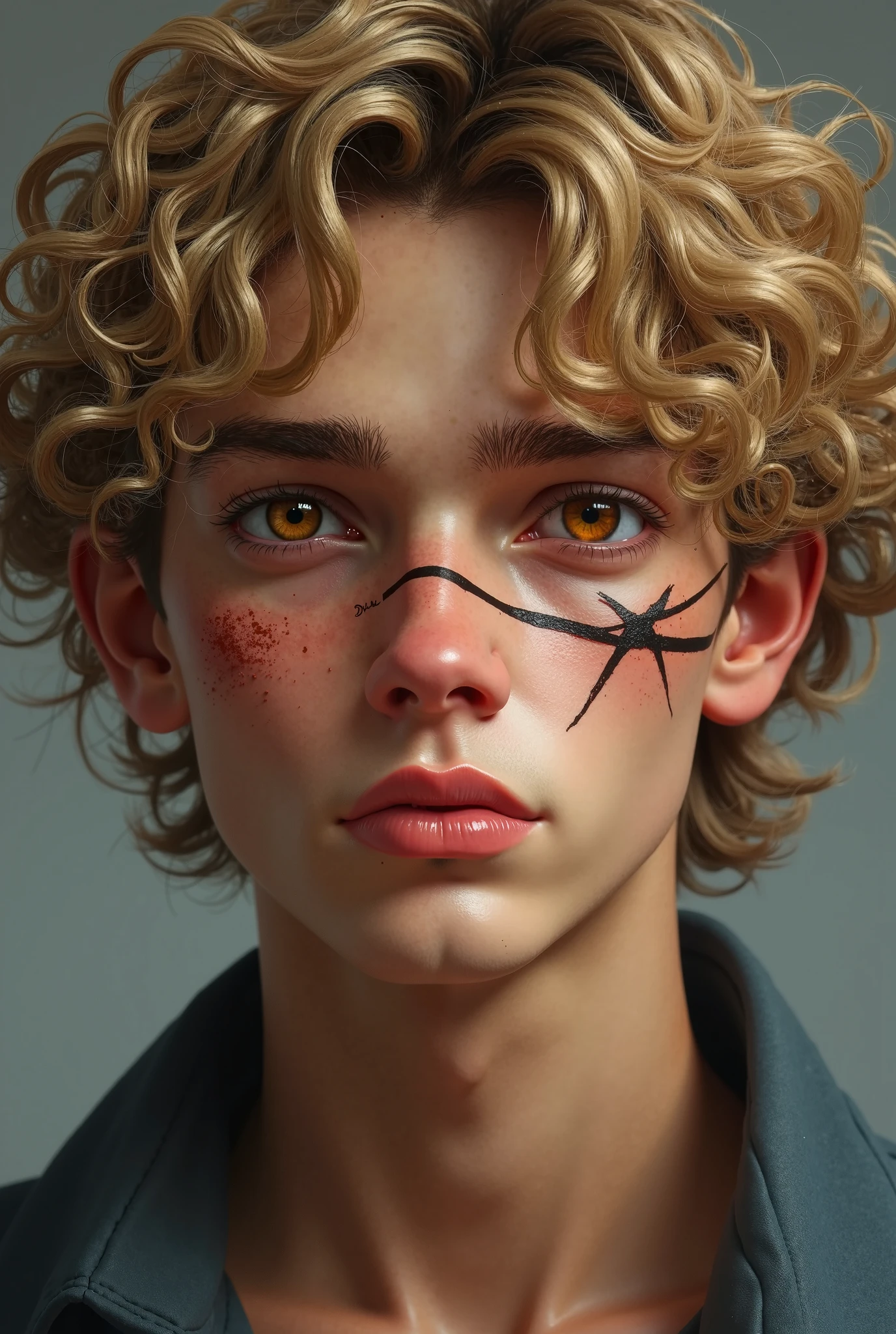 portrait, Boy, Caucasoid, blonde with bob, black eye patch, scars, depression