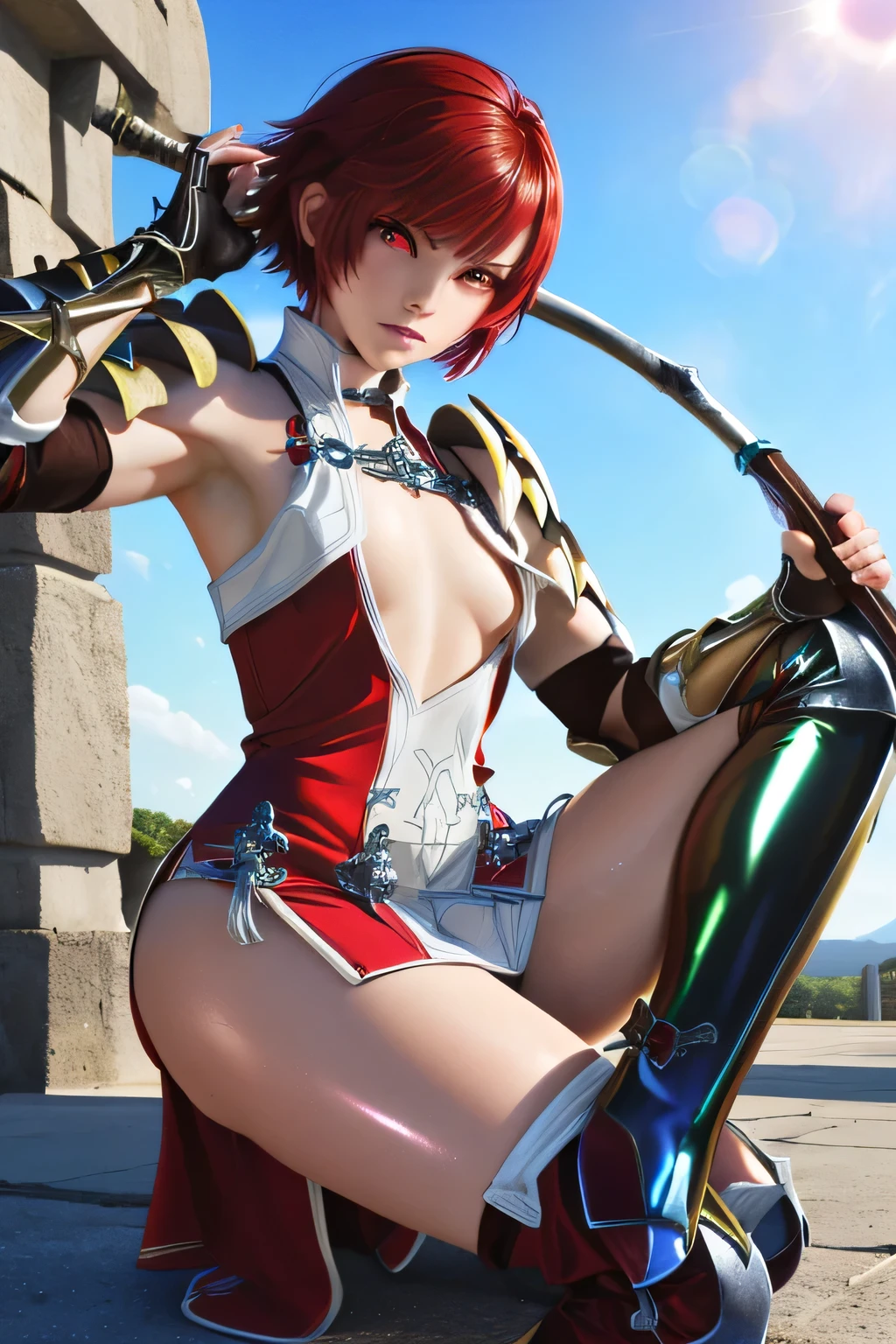  PERFECTIVE ANATOMY　 top quality,  highest resolution,(((shiny red and white latex short dress　Shiny red hair　 Shiny Shoulder Armor　Shiny Gauntlets 　 short hair　  red eyes　 shiny skin　 Shiny Thigh-High Boots 　flat chest)))　Hinoka　 hold up a spear