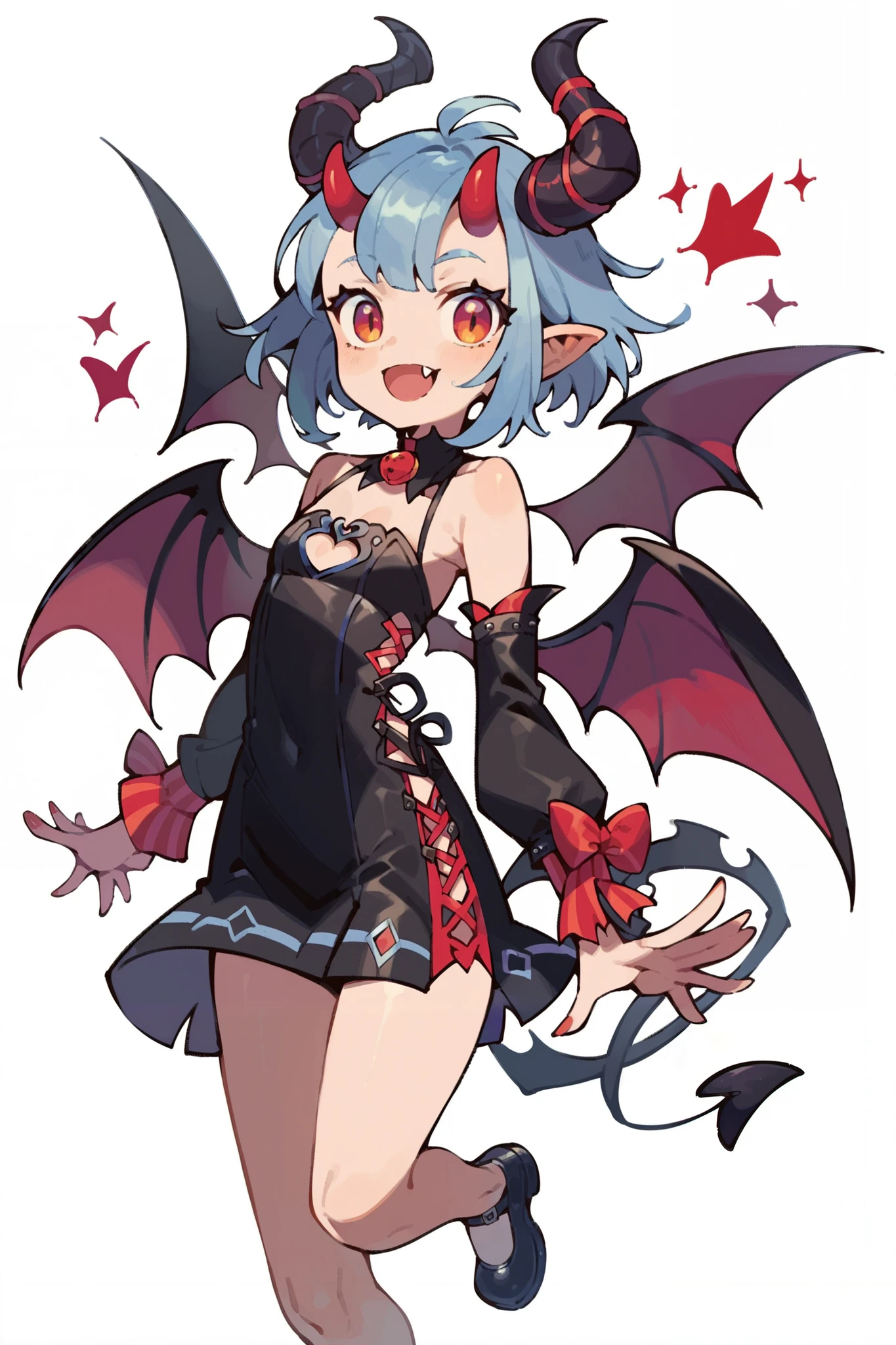 cute demon girl, fangs, pair of wings, horns, dark short dress.