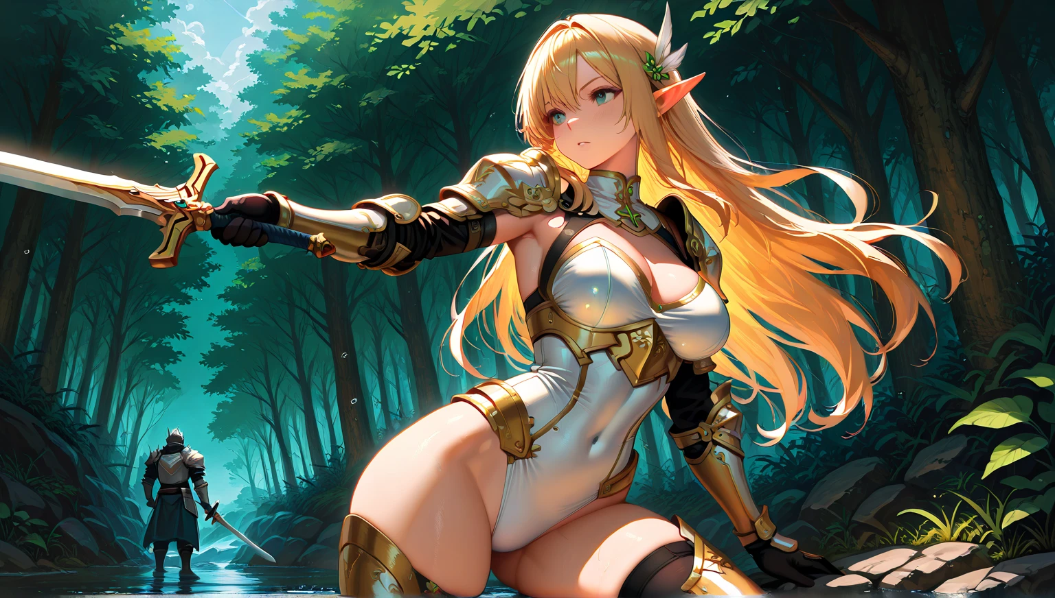 ((1 woman in medieval armor)),((nude pussy)),((in a forest)),((dirty look, embarrassed face)),((with lots of bubian hair)),((yellow hair with sex, gray eyes)),((facing the viewer, legs open showing pussy, with a sword on the back)),