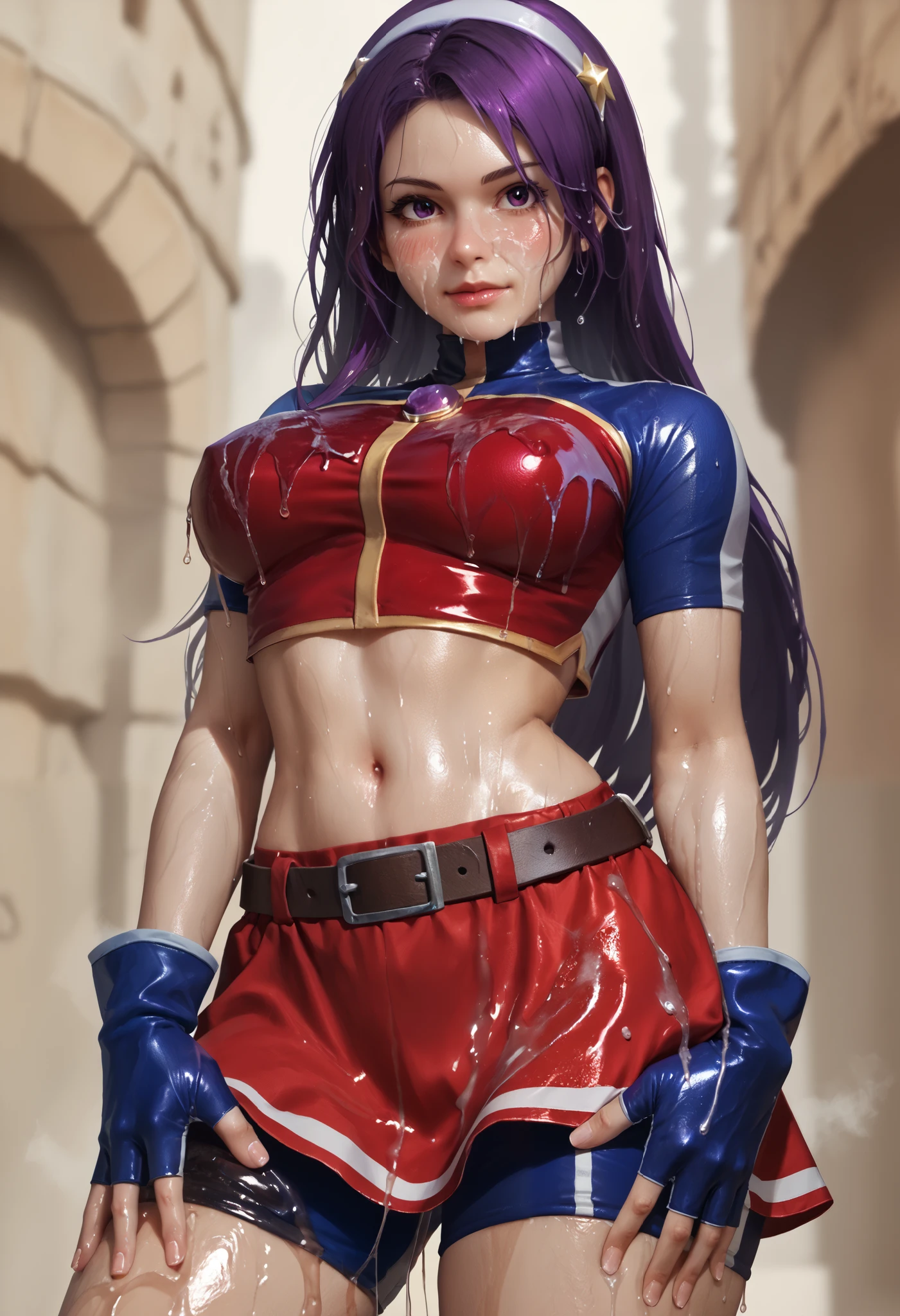 Masterpiece, best quality,petite girl,ATHKOF2002, purple hair, long hair, purple eyes, white hairband, blue sleeves, pearl (gemstone), short sleeves, red top, belt, fingerless gloves, navel, red skirt, biker shorts, nose blush, solo, seductive pose,cowboy shot, midriff,beautiful detailed face,thick thighs, hands on thighs,in heat,shiny skin, looking at viewer, Large breasts, covered nipples,slimy ,wet body,wet face,slimy wet hair,slimy wet breasts, suggestive fluids, steaming body