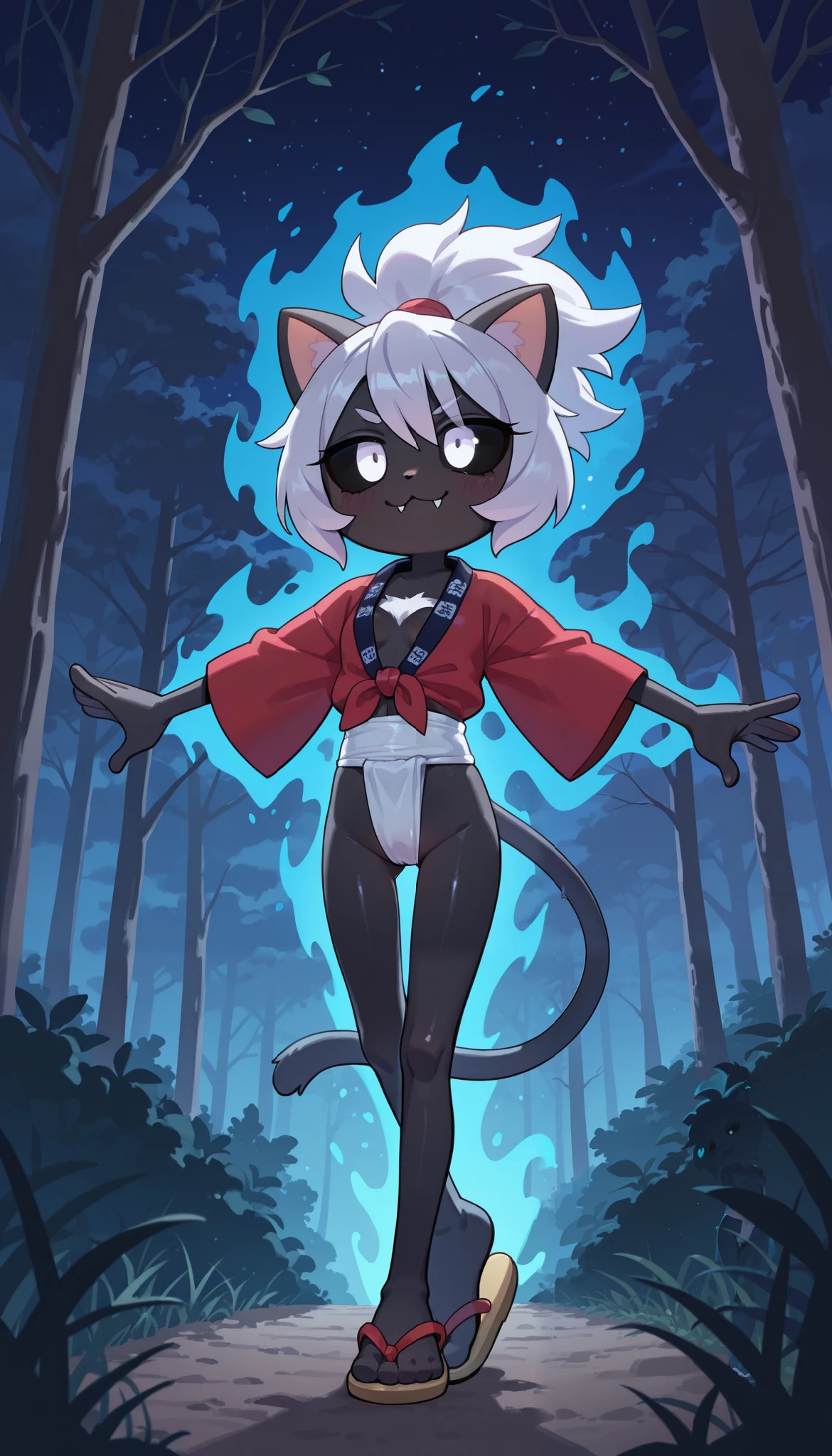 ,flat chested, flat stomach, tiny body, small stature, high quality image of an anime-style gothic girl, the girl has a very thin body, the girl has short legs, her face is sad, the girl has white skin, the girl has very small breasts, The girl is slightly blushing, the girl has little ears, the girl has white hair, the girl has short hair, the girl is posing sexy, the girl is wearing a sexy black tight leotard, the girl's eyes are bright red, the girl has very marked black eyeliner, The background of the image is a night garden with luminous ghosts,