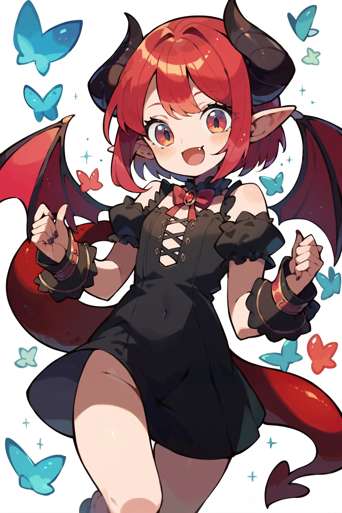 best quality, cute demon girl, cute fangs, short black dress, horns, wings.