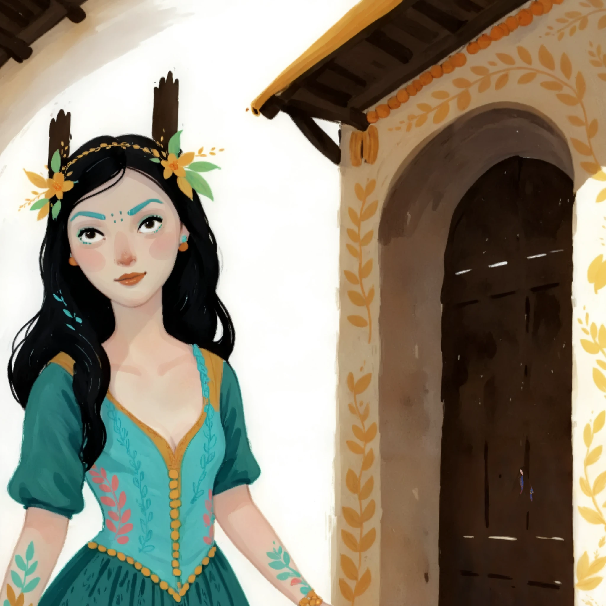 score_9, score_8_up, score_7_up, score_6_up, score_5_up, score_4_up, 1_woman, brow hair, expressive face, long_hair, wearing a vibrant long peasant medieval dress, detailed clothing, sketches, detailed thick gouache painting, illustration, in gougoupaintleaves style:1.5, hyper_dynamic scene, pov from above, sattan style, XLCOMIC_POS, novuschroma04 style, tattoos