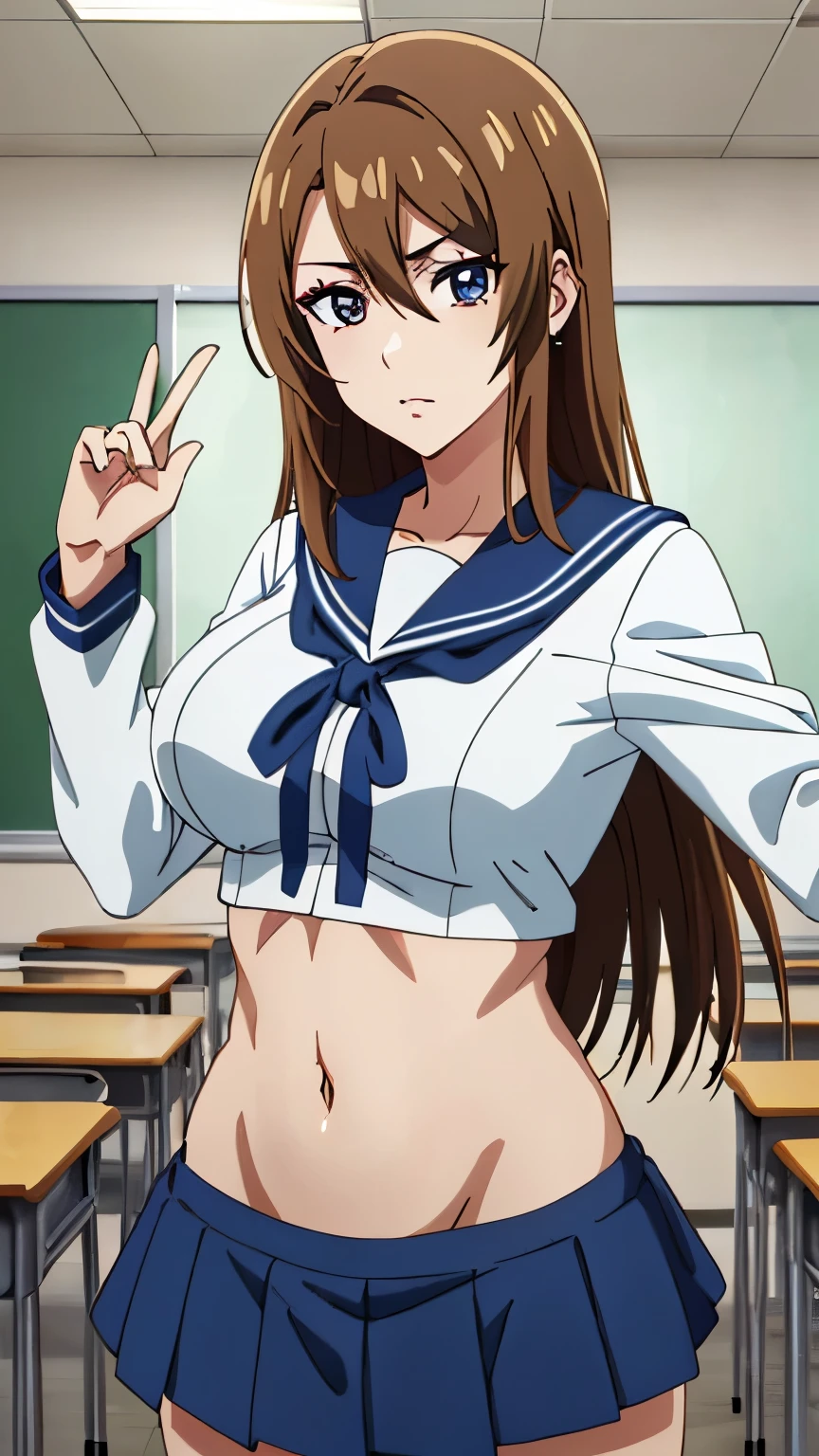 (Top quality, masterpiece, 8k), (anime coloring:1.2), very detailed, very detailed, perfect face, beautiful eyes, perfect eyes, detailed eyes, detailed face, ultra-detailed, detailed eyes, symmetrical eyes, sharp details, 1 girl, solo, (mature face:1.2), (brown hair:1.3), (long hair), (heavy makeup:1.4), (false eyelashes:1.2), (sharp eyes), (medium breasts:1.4), 18 years old, healthy skin, slim, slim body, (unfriendly), ((white sailor suit), white long sleeve, navy blue ribbon, navel, black mini skirt, (jewelry:1.2), classroom), (cowboy shot:1.3), (dynamic pose), looking at the viewer, in the center of the image