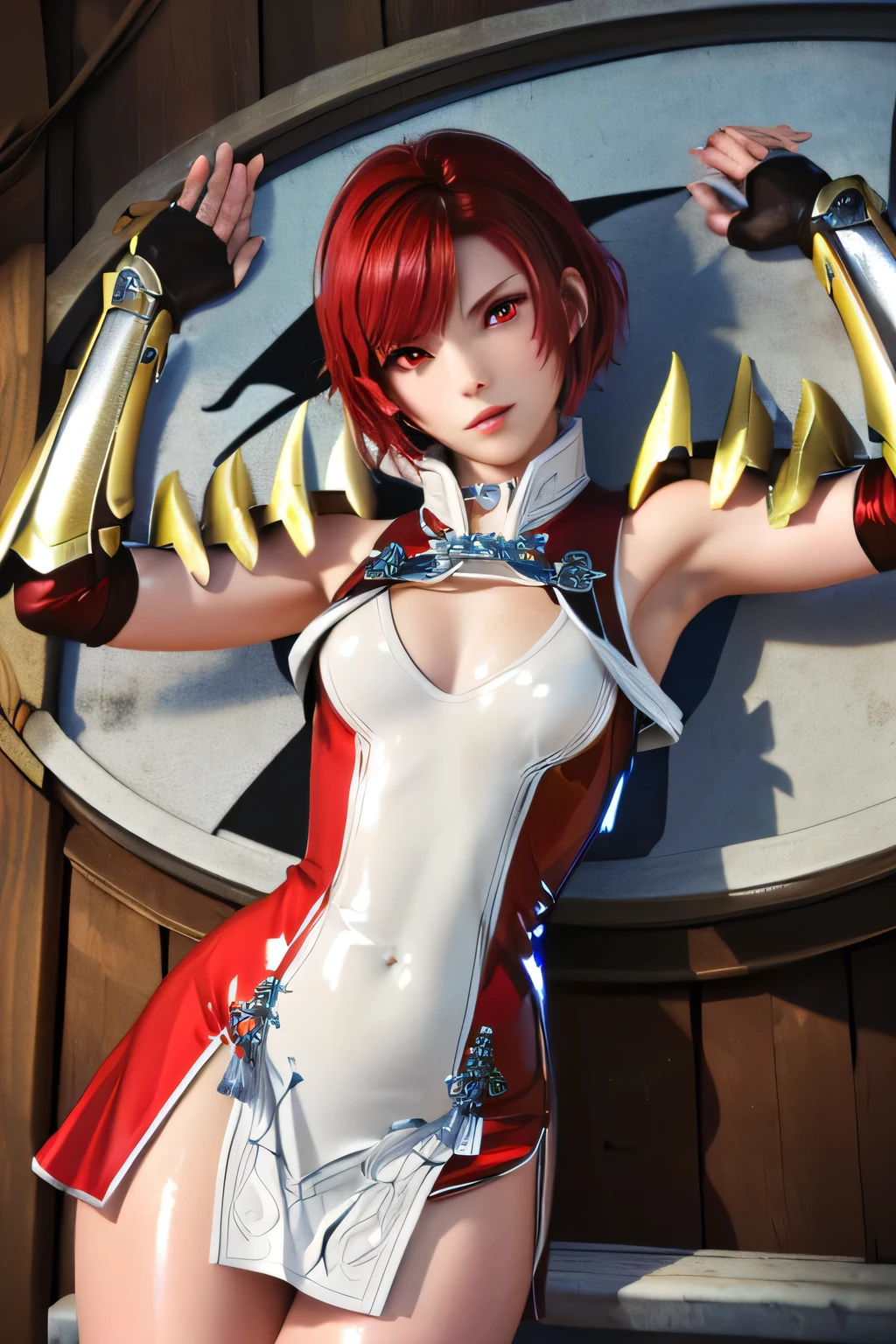  PERFECTIVE ANATOMY　 top quality,  highest resolution,(((shiny red and white latex short dress　Shiny red hair　 Shiny Shoulder Armor　Shiny Gauntlets 　 short hair　  red eyes　 shiny skin　 Shiny Thigh-High Boots 　flat chest)))　Hinoka　 hold up a spear　Ride on a white horse 