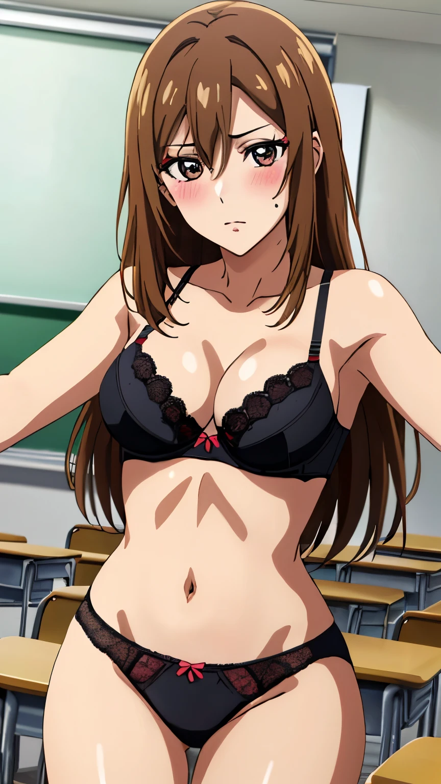 (Top quality, masterpiece, 8k), (anime coloring:1.2), very detailed, very detailed, perfect face, beautiful eyes, perfect eyes, detailed eyes, detailed face, ultra-detailed, detailed eyes, symmetrical eyes, sharp details, 1 girl, solo, (mature face:1.2), (brown hair:1.3), (long hair), (heavy makeup:1.4), (false eyelashes:1.2), (sharp eyes), (medium breasts:1.4), 18 years old, healthy skin, slim, slim body, (unfriendly), (lace bra, lace panties, blush, (jewelry:1.2), classroom), (cowboy shot:1.3), (dynamic pose), looking at the viewer, in the center of the image