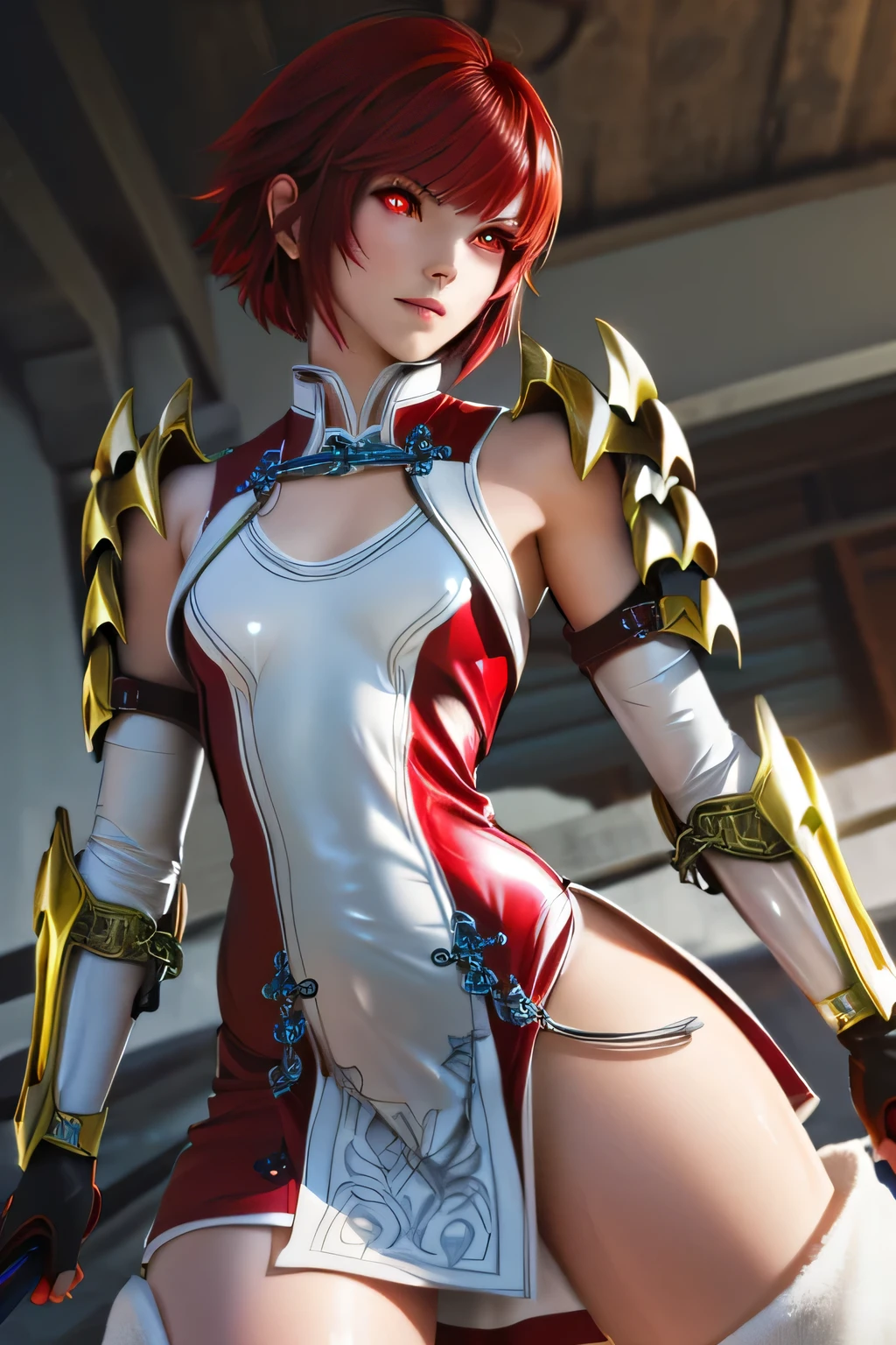 PERFECTIVE ANATOMY best quality, highest resolution,(((shiny red and white latex short dress Shiny red hair Shiny Shoulder Armor Shiny Gauntlets short hair red eyes shiny skin Shiny Thigh-High Boots flat chest))) Hinoka hold up a spear Ride on a white horse knight