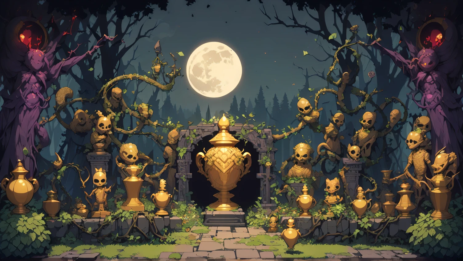 Retro video game style, pixelated, vibrant colors, 8-bit characters, blocky shapes, sharp lines, detailed shading, classic gaming vibe, nostalgic atmosphere, classic arcade games. Masterpiece:1.2, ultra-detailed, illustration style. 2Dvideo game texture, (dark fantasy)
game tiles, tileable texture
Very detailed texture
stone texture, 4K seamless forest texture, , jungle texture.
(magical dreadful garden:1.7) ((bushes and vines)) ((garden:1.1)) (purpluish theme)
((dark light)) ((dark evil atmosphere, dark:1.4)) ((lots of dead trees and roots:1.0) (full of humanoid statues covered in moss:1.0) (a single golden urn in the center in spotlight, iluminated by the moon above:1.4)
(front view:1.4), (outdoors:1.5) (close up:1.2) ((full of evil snakes and cobras:1.0)