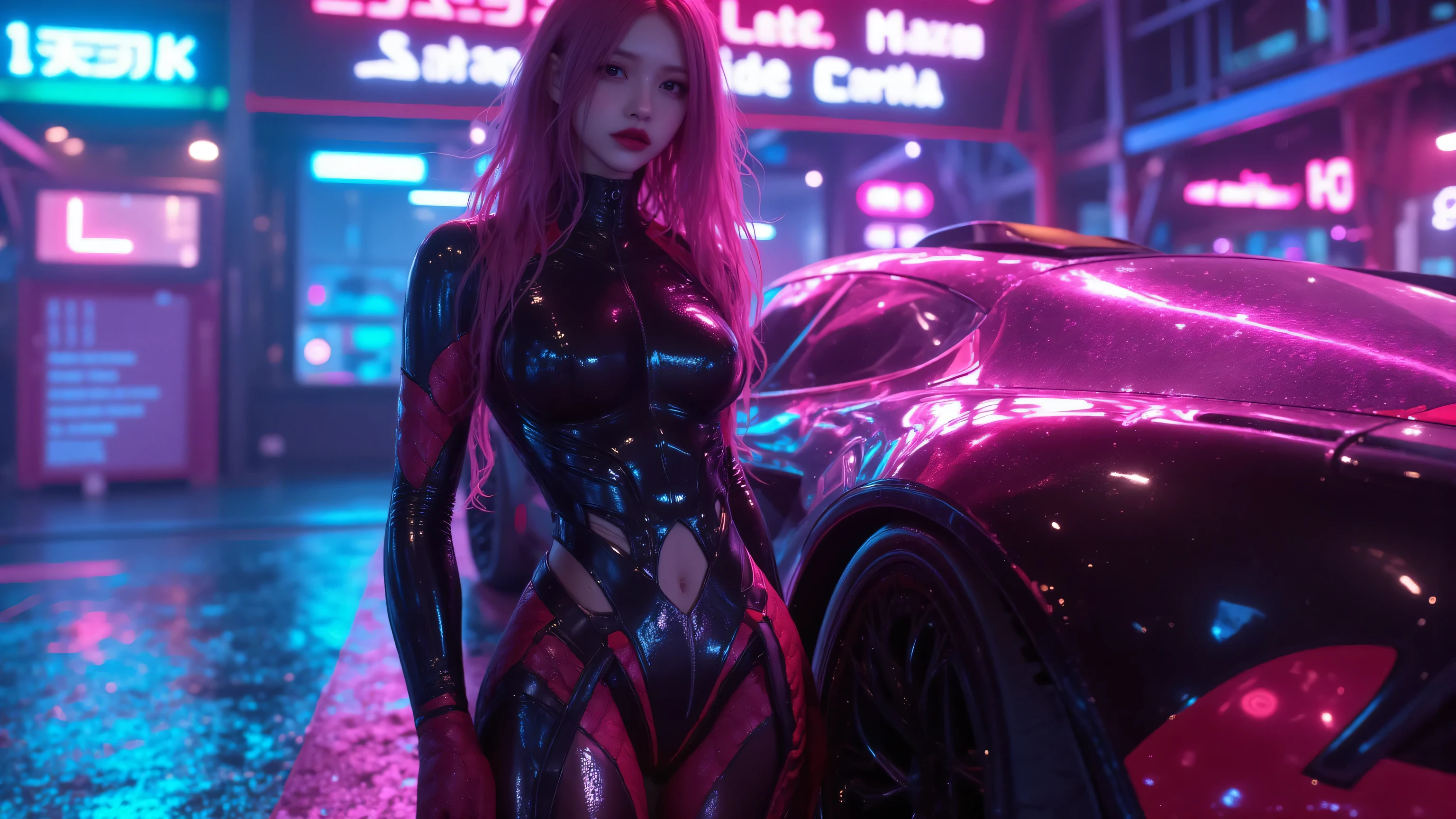 Futuristic cyberpunk woman with long, vibrant  hair, wearing a sleek, glossy bodysuit that accentuates her silhouette. She stands next to a high-tech vehicle in a neon-lit, futuristic car wash, surrounded by reflective wet surfaces and glowing ambient lights. Her posture is graceful and elegant, with a confident and serene expression. The scene is filled with cinematic lighting, vivid colors, and hyper-realistic textures, creating a high-tech, sci-fi atmosphere. Ultra-detailed, glossy reflections, soft light diffusion, and a dynamic, immersive composition. --v 5 --ar 16:9 --q 2 --style 4c