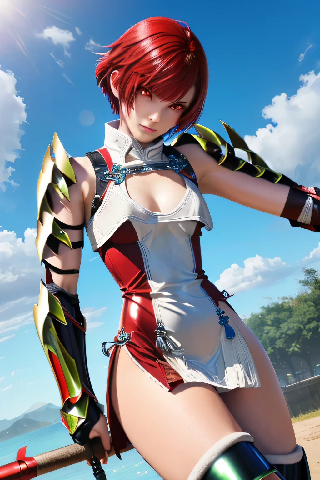  PERFECTIVE ANATOMY　 best quality,  highest resolution,(((shiny red and white latex short dress　Shiny red hair　 Shiny Shoulder Armor　Shiny Gauntlets 　 short hair　  red eyes　 shiny skin　 Shiny Thigh-High Boots 　flat chest)))　Hinoka　 hold up a spear　Ride on a white horse 　knight