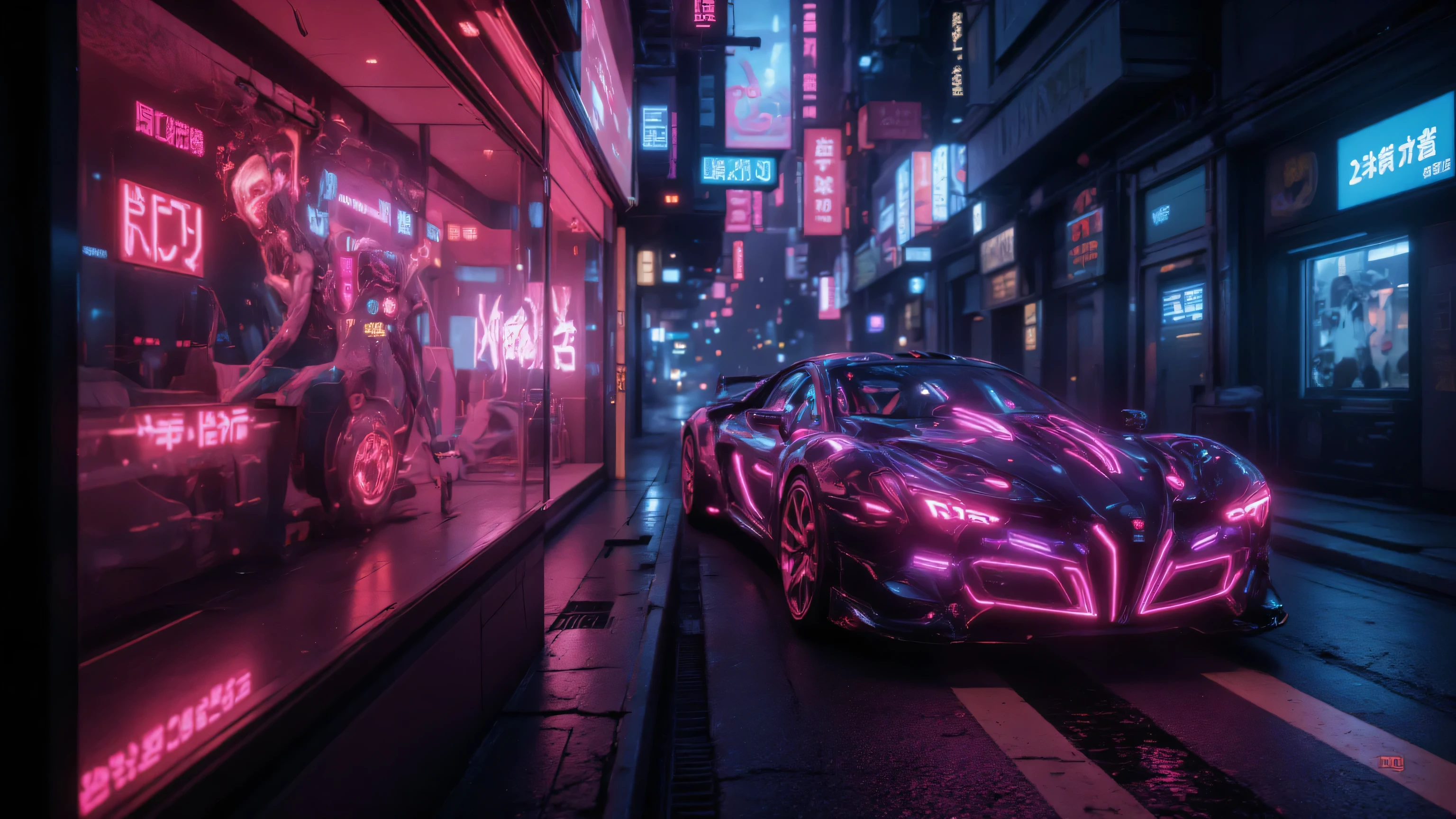 In the world of Warframe, Johanna de Armas emerges as a car form encased in a neon genesis evangelion style  the cars is driving along the road
 a car , bathed in neon lights that cast dramatic shadows, emphasizing the off-center composition of the scene. The atmosphere is thick with the essence of retro cyberpunk art, reminiscent of the works by Keos Masons, and the painting style of Richard Gerstl, known for his vibrant expressionism and emotive, psychological intensity.
The street art and graffiti around  with their vibrant colors and urban themes, reflect an 80's inspired synthwave aesthetic. The scene is a tapestry of neon, vibrant, and detailed elements that capture the essence of retro futurism. The shallow depth of field, vignette effect, and highly detailed rendering create a moody, epic atmosphere, reminiscent of a high-budget cinematic production.
The bokeh effect, cinemascope framing, and the addition of film grain give the image a grainy texture, enhancing its cinematic quality and adding to the overall gorgeousness of the scene. This is a world where technology and art collide, creating a visual spectacle that is both intense and beautiful.