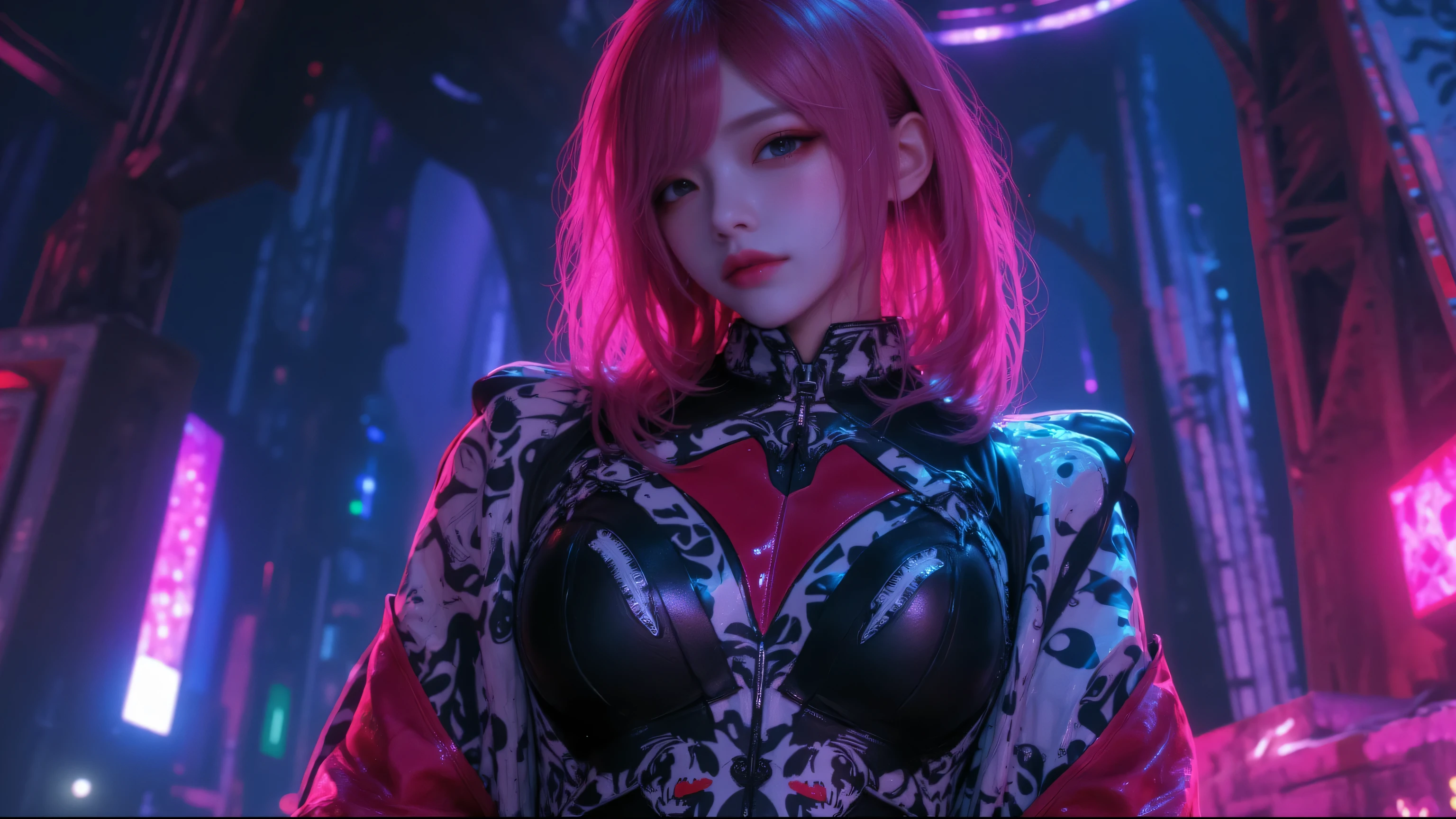 A cinematic medium shot of a dark fantasy scene with a powerful and enchanting female protagonist with striking neon pink hair. She dons a form-fitting outfit adorned with intricate architectural, anime, graffiti, and 3D render details. The background masterfully blends mystical darkness with soft, ethereal lights, casting a captivating glow across the scene. The overall composition exudes otherworldly beauty and intrigue.
