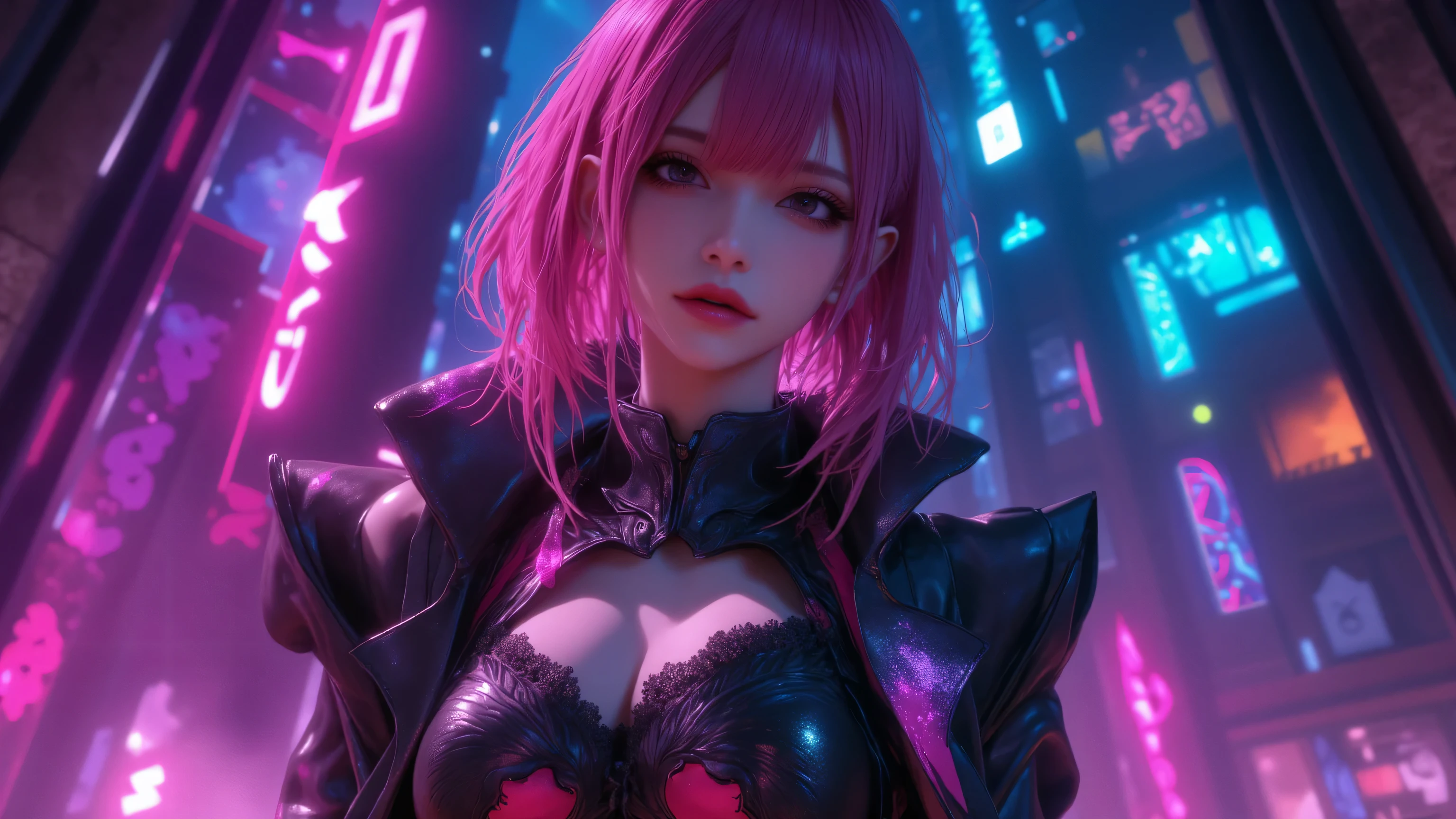 A cinematic medium shot of a dark fantasy scene with a powerful and enchanting female protagonist with striking neon pink hair. She dons a form-fitting outfit adorned with intricate architectural, anime, graffiti, and 3D render details. The background masterfully blends mystical darkness with soft, ethereal lights, casting a captivating glow across the scene. The overall composition exudes otherworldly beauty and intrigue.