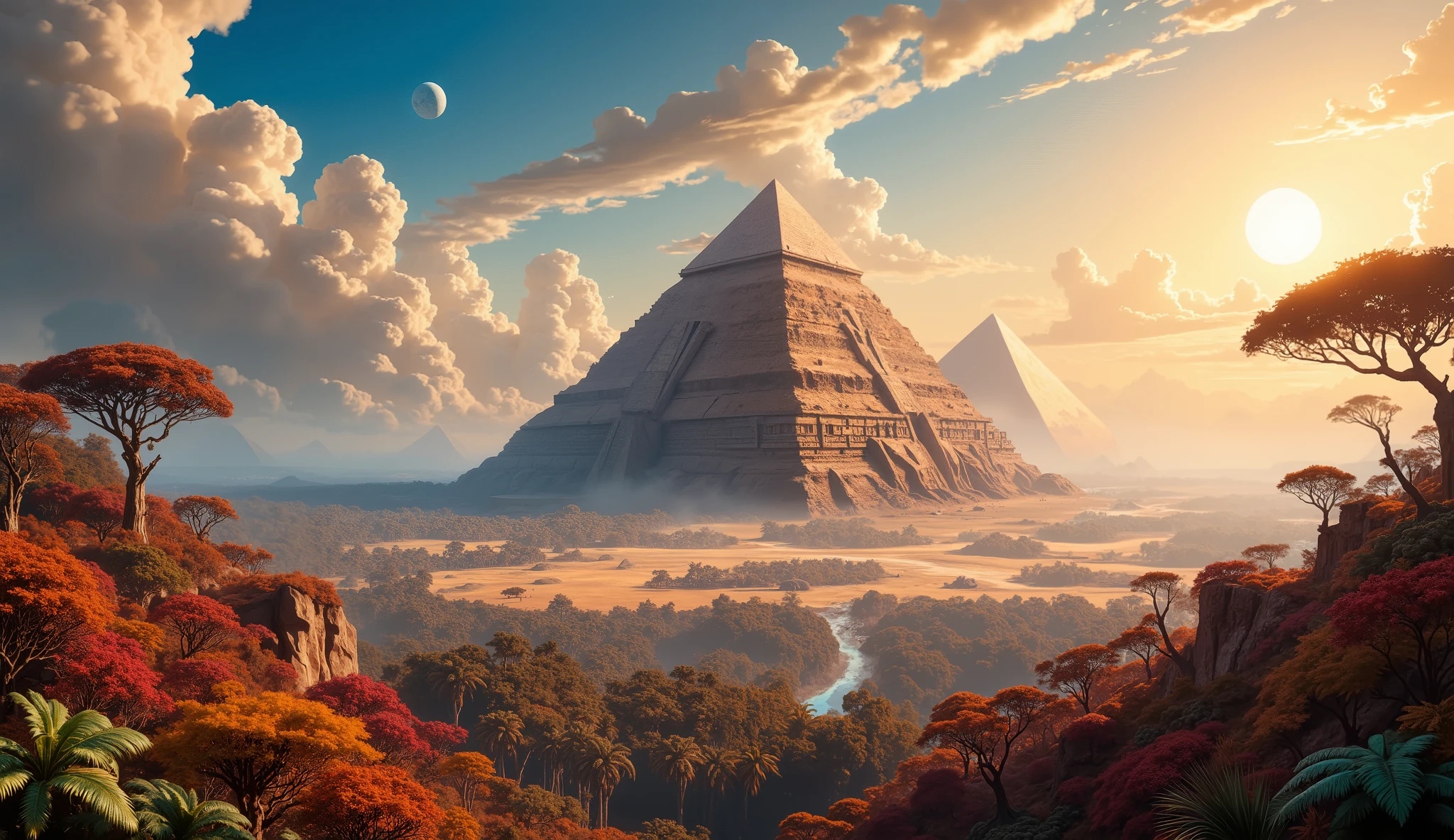  masterpiece , 3 pyramids ,  a large forest ,  clouds everywhere ,  a planet in the sky ,  well-detailed pyramids ,  beautiful forest of breathtaking color,  clouds all over the landscape ,  beautiful planet ,  wallpaper , 4K, HD, detailed