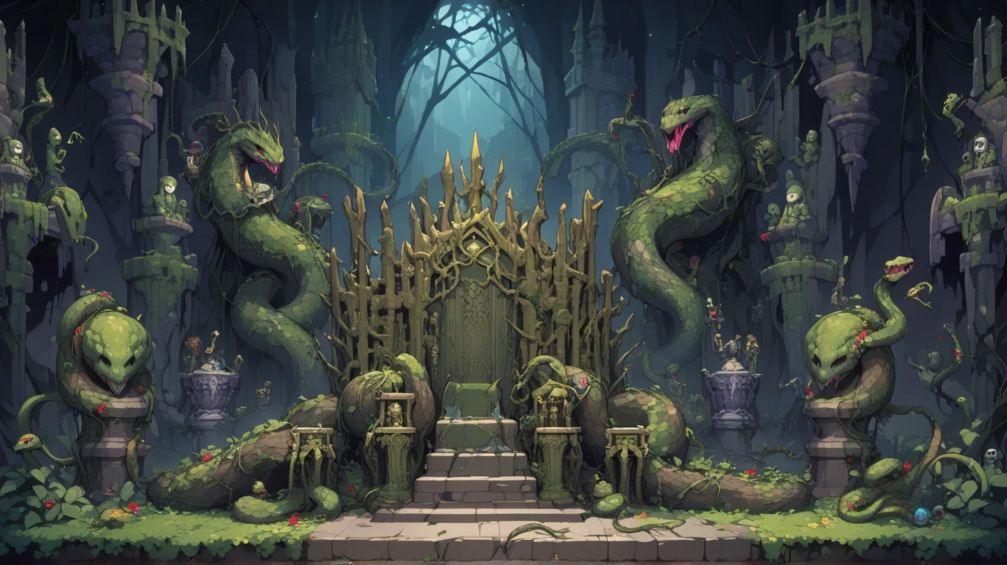 Retro video game style, pixelated, vibrant colors, 8-bit characters, blocky shapes, sharp lines, detailed shading, classic gaming vibe, nostalgic atmosphere, classic arcade games. Masterpiece:1.2, ultra-detailed, illustration style. 2Dvideo game texture, (dark fantasy)

game tiles, tileable texture

Very detailed  texture
stone texture, 4K seamless forest texture, , jungle texture.  

(magical dreadful garden:1.7) ((bushes and vines)) ((garden:1.1)) (purpluish theme)
 ((dark light)) ((dark evil atmosphere, dark:1.4)) ((lots of dead trees and roots:1.0) (full of humanoid statues covered in moss:1.2) (a throne with snakes sculped on it:1.5) ((indoors, a cave, the decoration resembles snakes and urns made of sone:1.3)

(front view:1.4), (indoors:1.5) (close up:1.2) ((full of evil snakes and cobras:1.2)