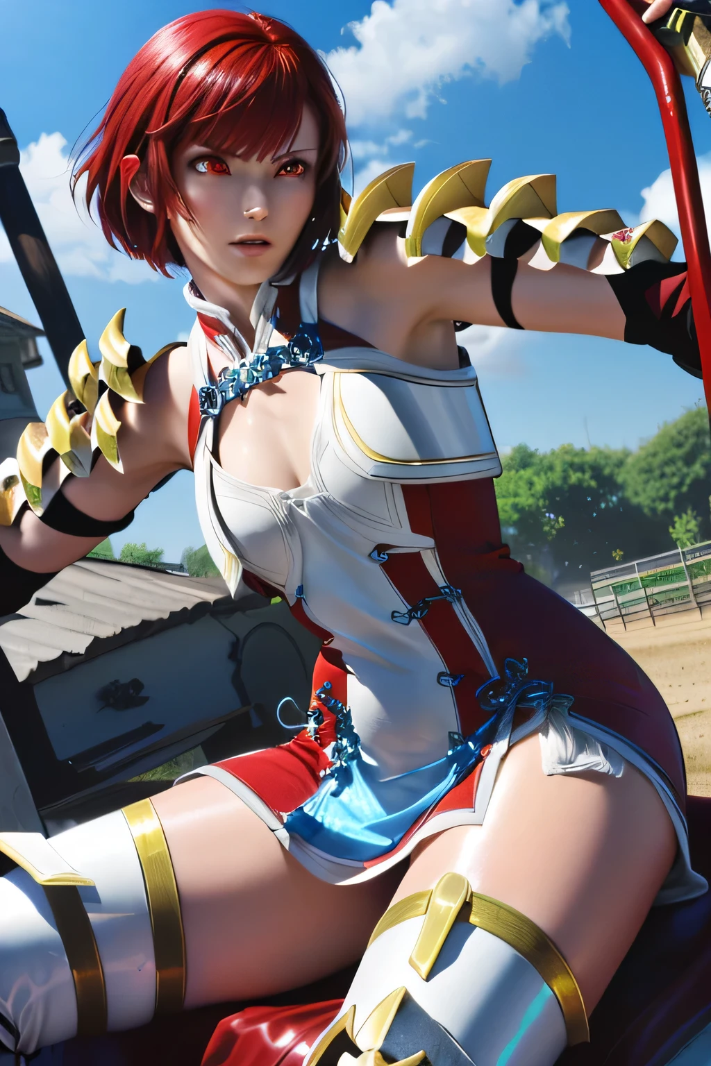  PERFECTIVE ANATOMY　 best quality,  highest resolution,(((shiny red and white latex short dress　Shiny red hair　 Shiny Shoulder Armor　Shiny Gauntlets 　 short hair　  red eyes　 shiny skin　 Shiny Thigh-High Boots 　flat chest　 hold up a spear　Ride on a white horse 　knight)))　Hinoka