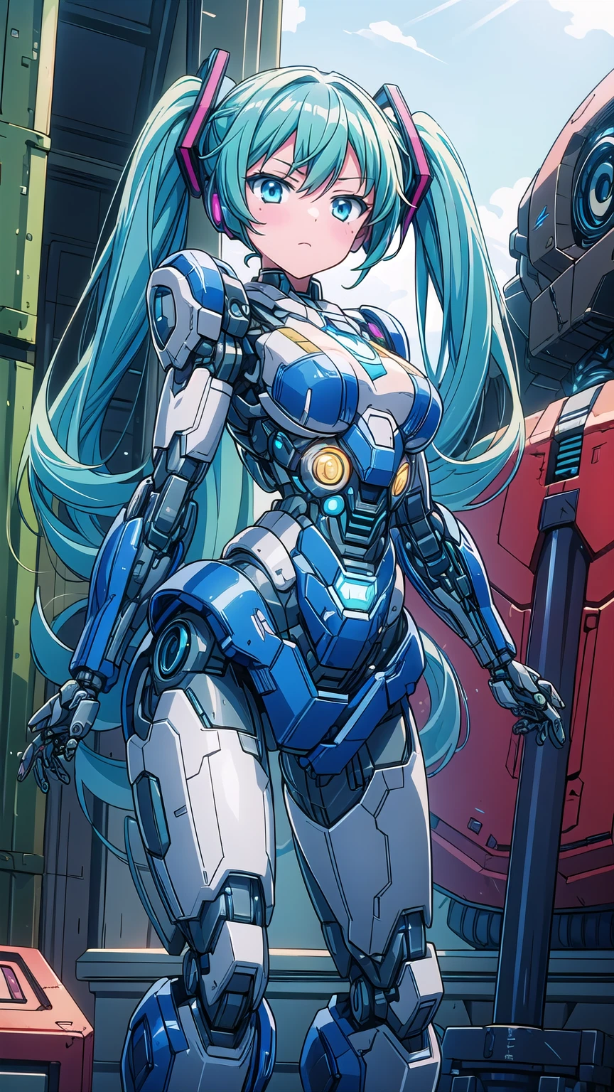 masterpiece, high quality, Inside the Institute of Mechanization、On the operating table during remodeling surgery、Minami Kotori, who has been turned into a mechanical body cyborg、Gynoid cyborg body modification surgery、Blue and white leotard armor、Mechanized body、Single image、from the front,Put the whole body