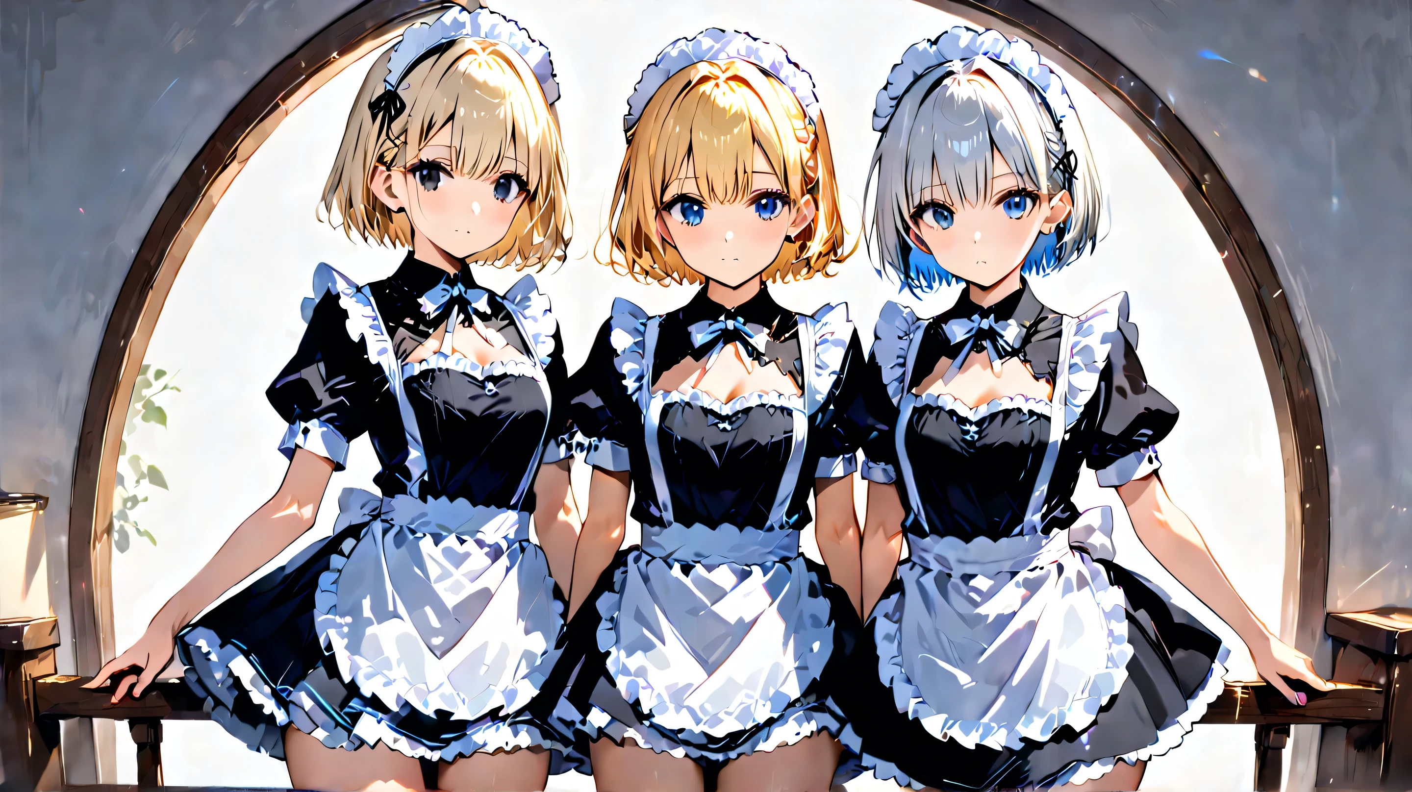 Masterpiece, High quality, 4K, HDR,,
two cute slender girls, 顔どアップ
one with silver short hair other one with blond short hair,
one with black eyes other one with blue eyes,
one wearing mini-skirt bule maid dress other one wearing gothic maid,
white background,