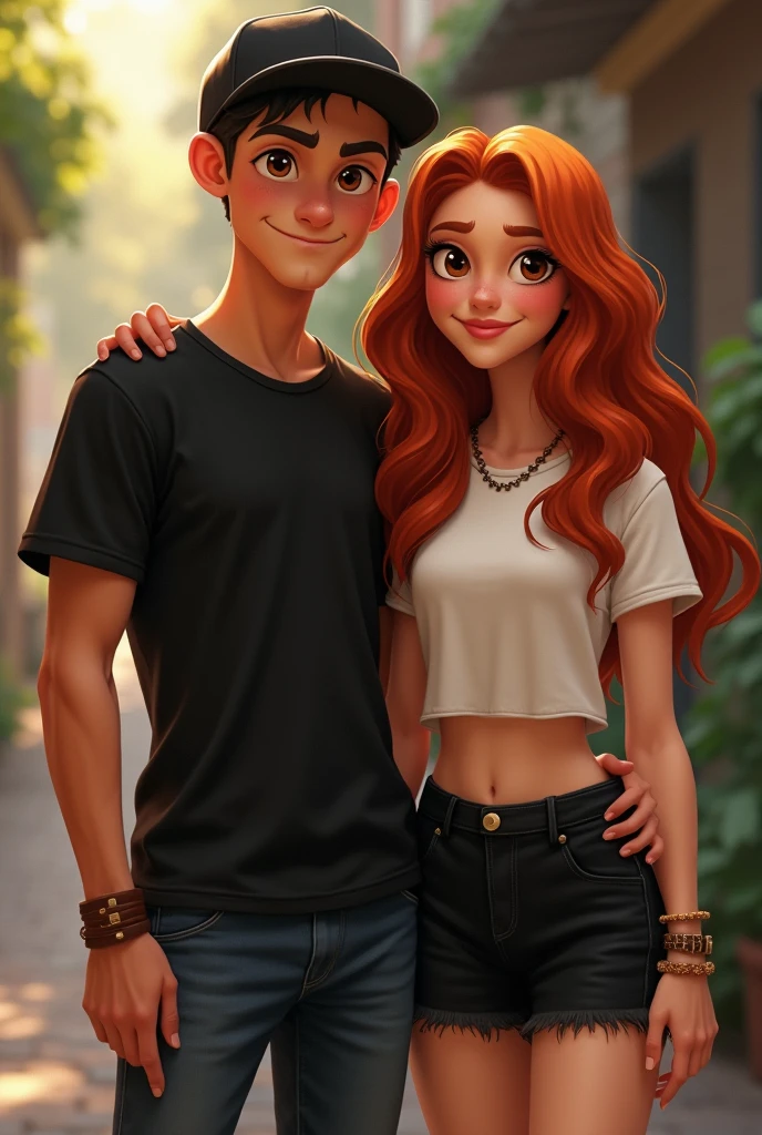 2 Young wavy redhead teenagers wearing black t-shirts and beige pocket pants