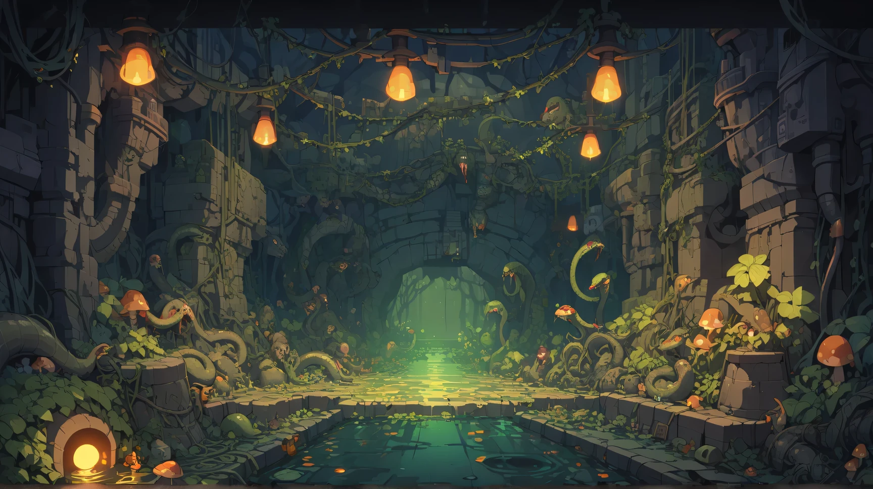 Retro video game style, pixelated, vibrant colors, 8-bit characters, blocky shapes, sharp lines, detailed shading, classic gaming vibe, nostalgic atmosphere, classic arcade games. Masterpiece:1.2, ultra-detailed, illustration style. 2Dvideo game texture, (dark fantasy)

game tiles, tileable texture

Very detailed  texture
stone texture, 4K seamless forest texture, , jungle texture.  

(magical dreadful sewer:1.5) ((bushes and vines)) ((glowing mushrooms:1.1)) (brownish theme)
 ((dark light)) ((dark evil atmosphere, dark:1.4)) ((decay:1.0) (puddles and trash:1.2) (sewage:1.5) ((indoors, inside a cave that is used as sewage:1.3)

(front view:1.4), (indoors:1.5) (close up:1.2) ((full of evil snakes and cobras:1.2)