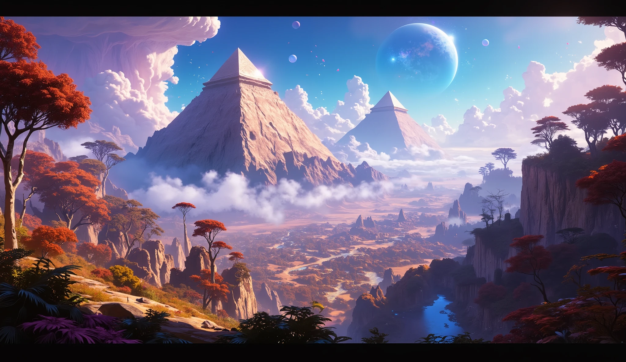  masterpiece , 3 pyramids ,  a large forest ,  clouds everywhere ,  a planet in the sky ,  well-detailed pyramids ,  beautiful forest of breathtaking color,  clouds all over the landscape ,  beautiful planet ,  wallpaper , 4K, HD, detailed