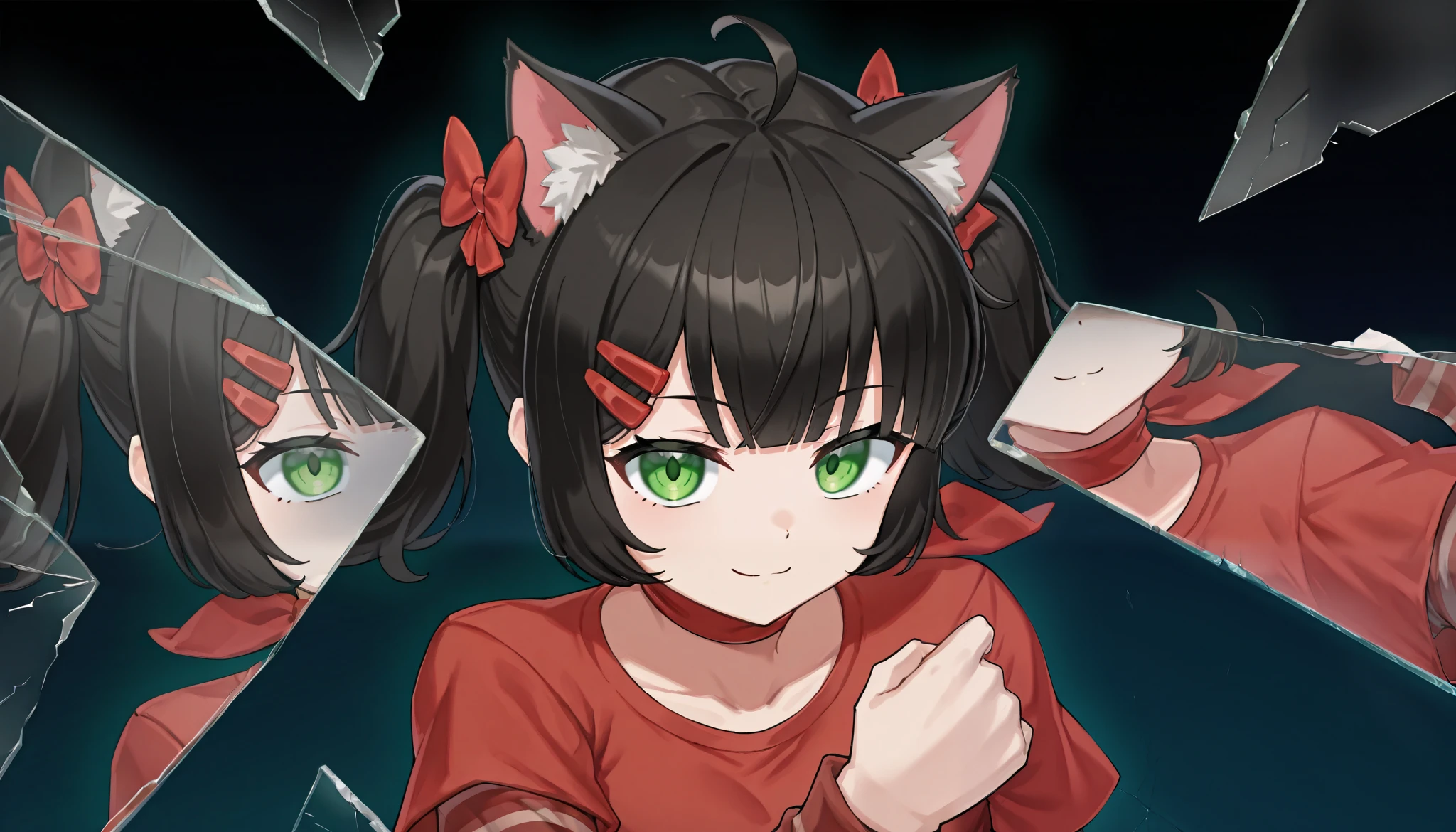 score_9, score_8_up, score_7_up, score_6_up, score_5_up, score_4_up, BREAK, source_cartoon, source_anime,
1girl solo, , 2dmita, ((cat girl, cat ears)), (long hair), ((black hair, (Ahoge), straight bangs,)),, short twintails, medium hair, red bow, hair bow, hairclip,red choker, ribbon choker, red shirt, short over long sleeves, striped sleeves, (glowing eyes:0.5)
upper body, smile, looking at viewer, solo, incrsxlbrkngls, broken glass, reflection, dark background, reflection in broken glass the quarter of mita2d