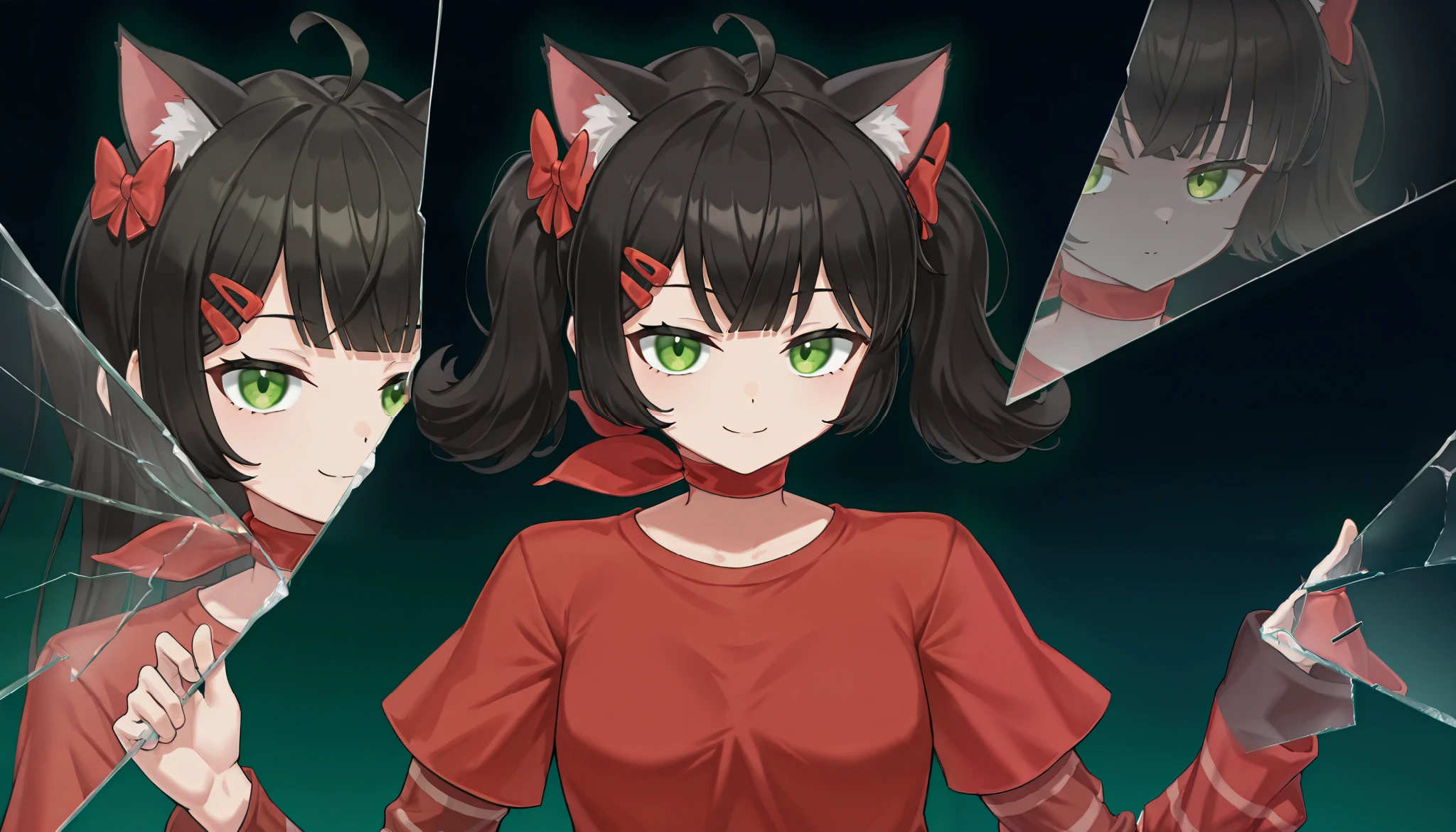 score_9, score_8_up, score_7_up, score_6_up, score_5_up, score_4_up, BREAK, source_cartoon, source_anime,
1girl solo, , 2dmita, ((cat girl, cat ears)), (long hair), ((black hair, (Ahoge), straight bangs,)),, short twintails, medium hair, red bow, hair bow, hairclip,red choker, ribbon choker, red shirt, short over long sleeves, striped sleeves, (glowing eyes:0.5)
upper body, smile, looking at viewer, solo, incrsxlbrkngls, broken glass, reflection, dark background, reflection in broken glass the quarter of mita2d