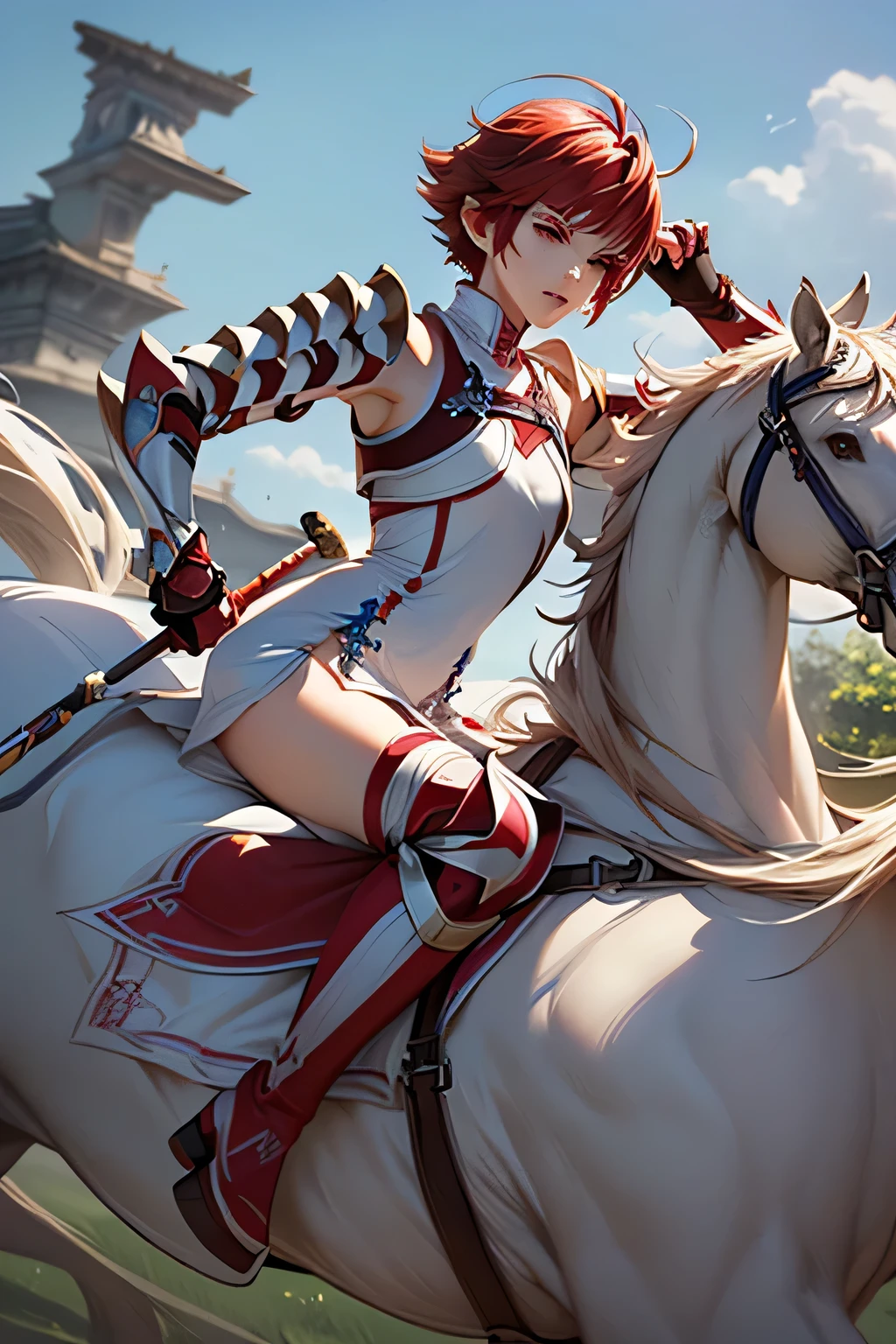 PERFECTIVE ANATOMY best quality, highest resolution,(((shiny red and white latex short dress Shiny red hair Shiny Shoulder Armor Shiny Gauntlets short hair red eyes shiny skin Shiny Thigh-High Boots flat chest hold up a spear Ride on a white horse knight))) Hinoka